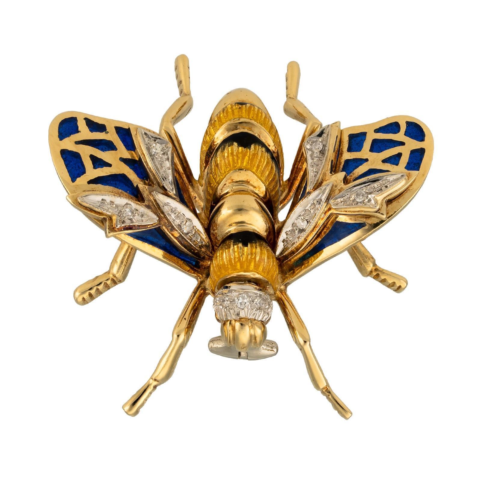 Round Cut Retro Gold Bee Brooch with Diamonds and Enamel For Sale