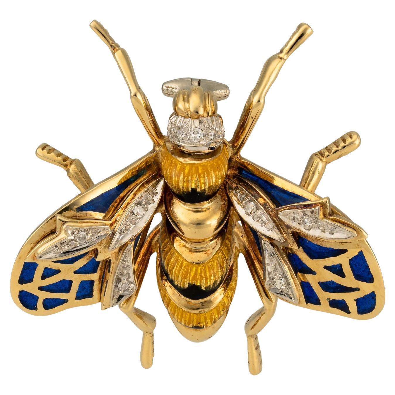 Retro Gold Bee Brooch with Diamonds and Enamel