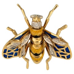 Retro Gold Bee Brooch with Diamonds and Enamel