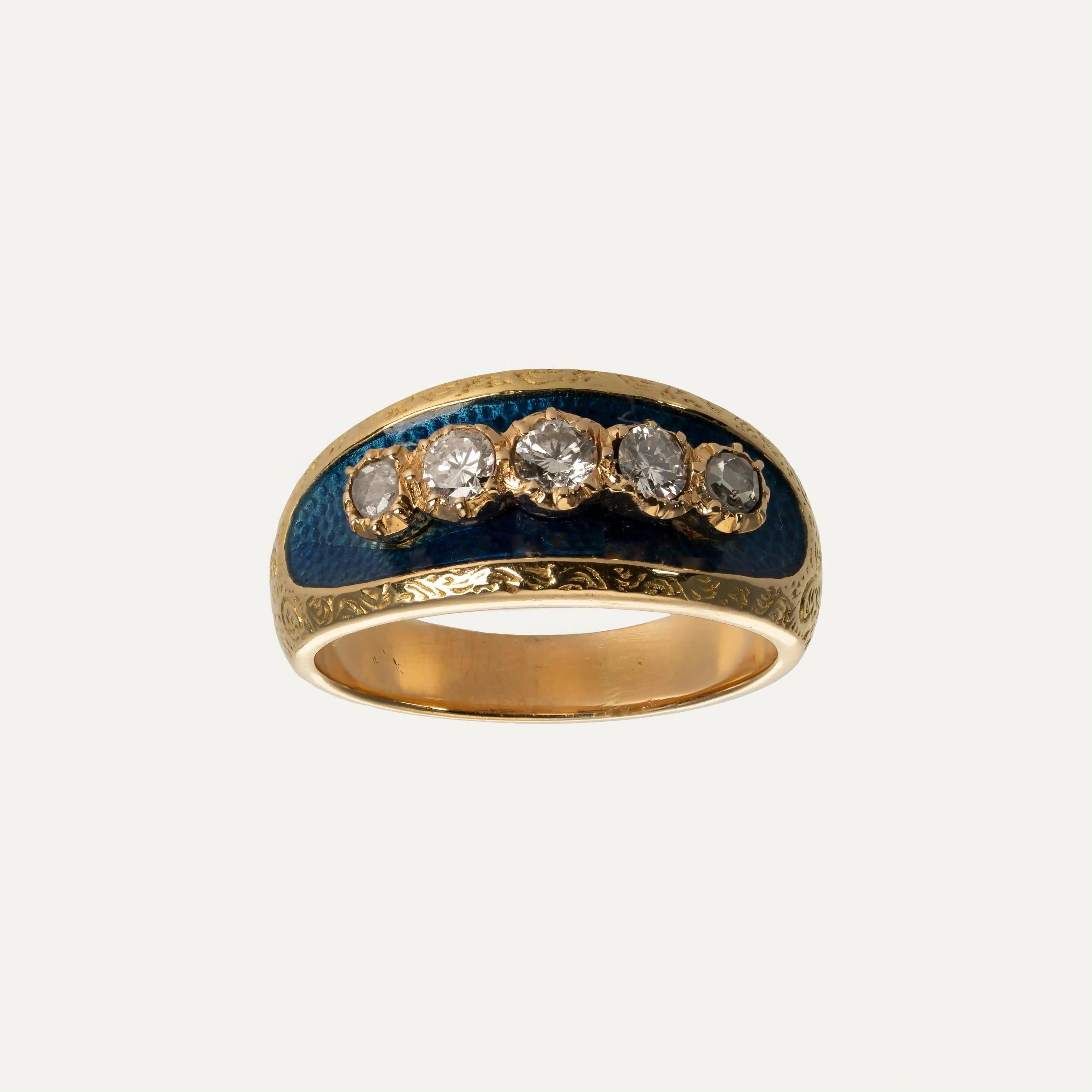 
19.2kt – 800‰ yellow gold ring with blue enamel in low relief, set with 5 diamonds, 2 rose cut and 3 brilliant cut, totalling around 0.40ct. Not resizable.

