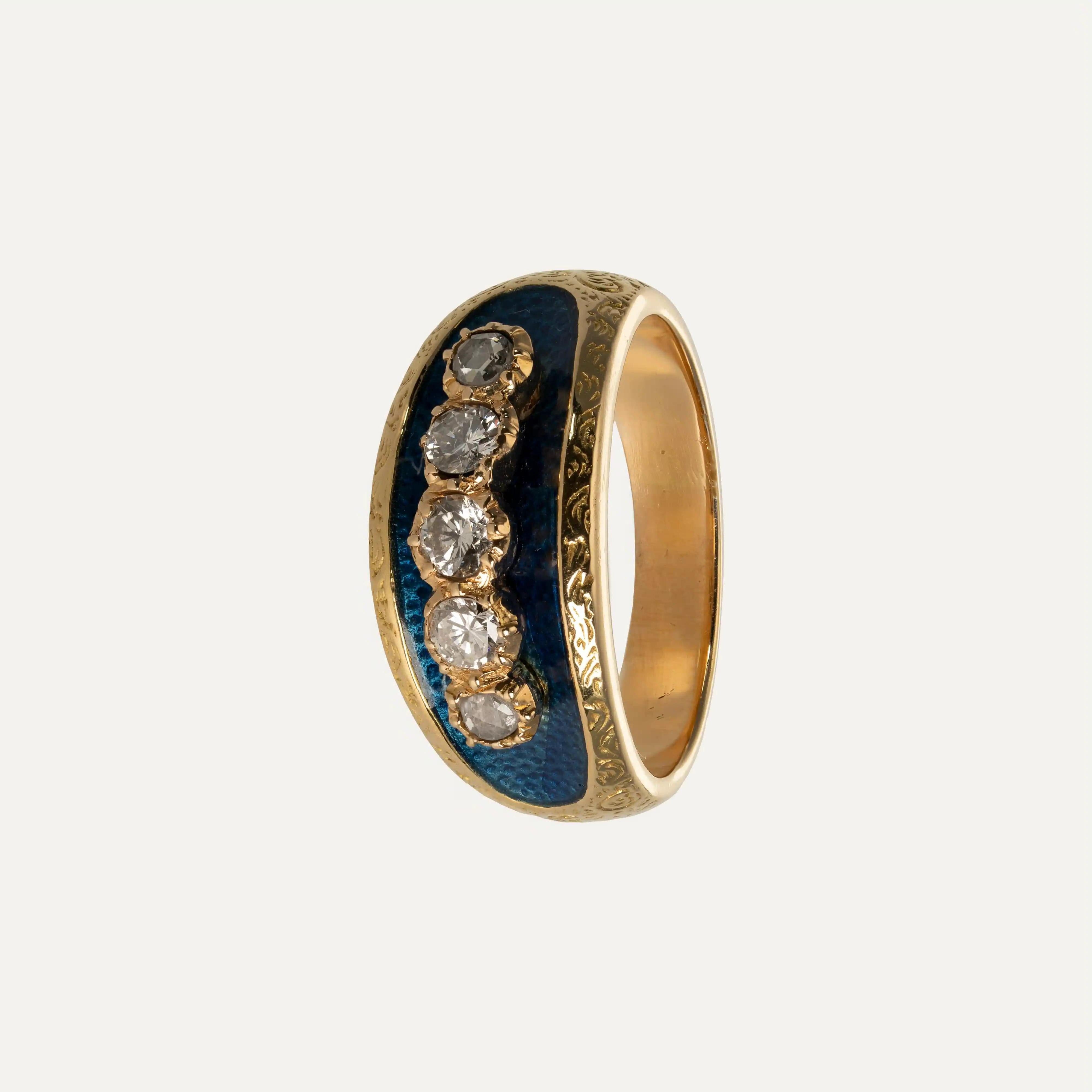Contemporary Gold Ring with Diamonds and Enamel