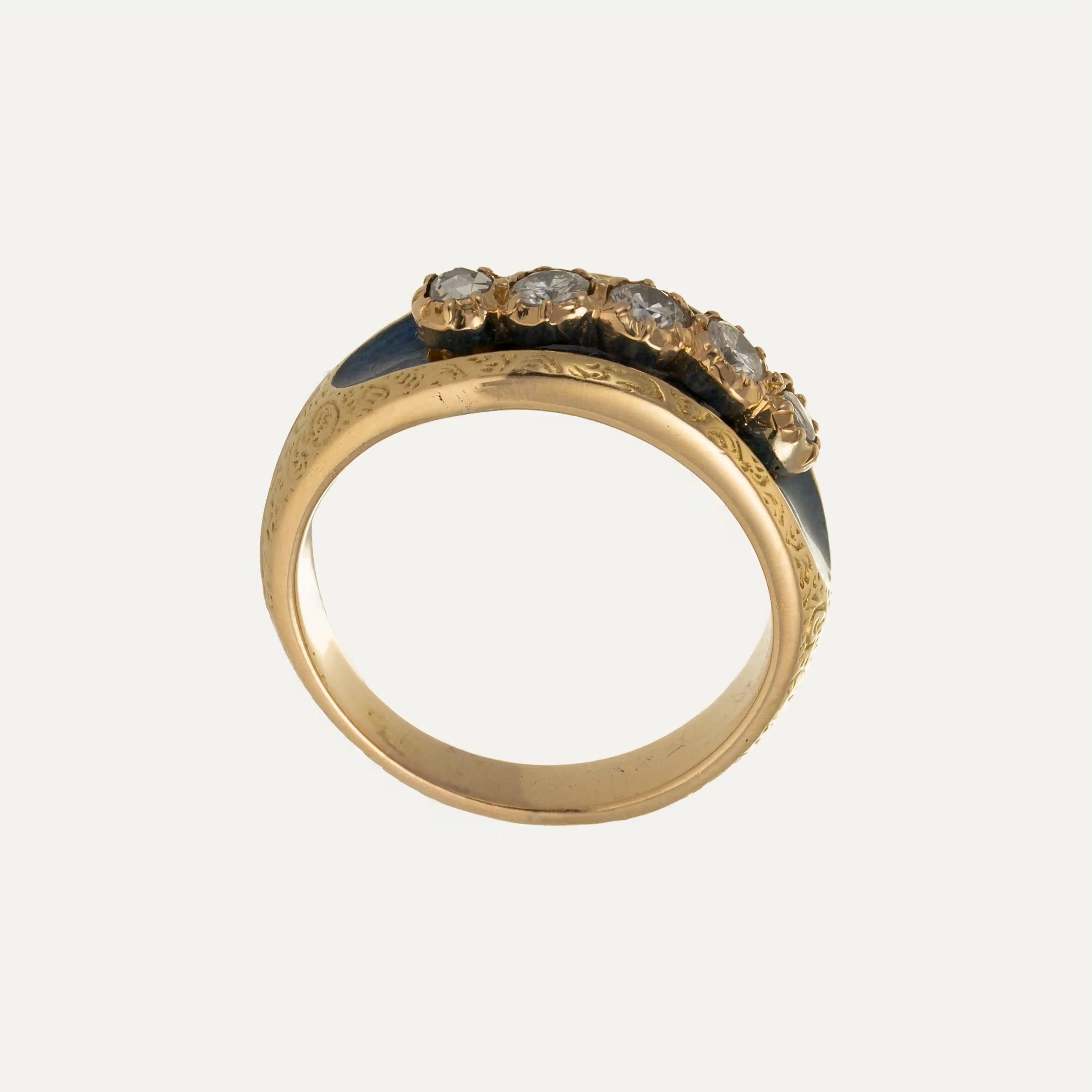 Women's or Men's Gold Ring with Diamonds and Enamel