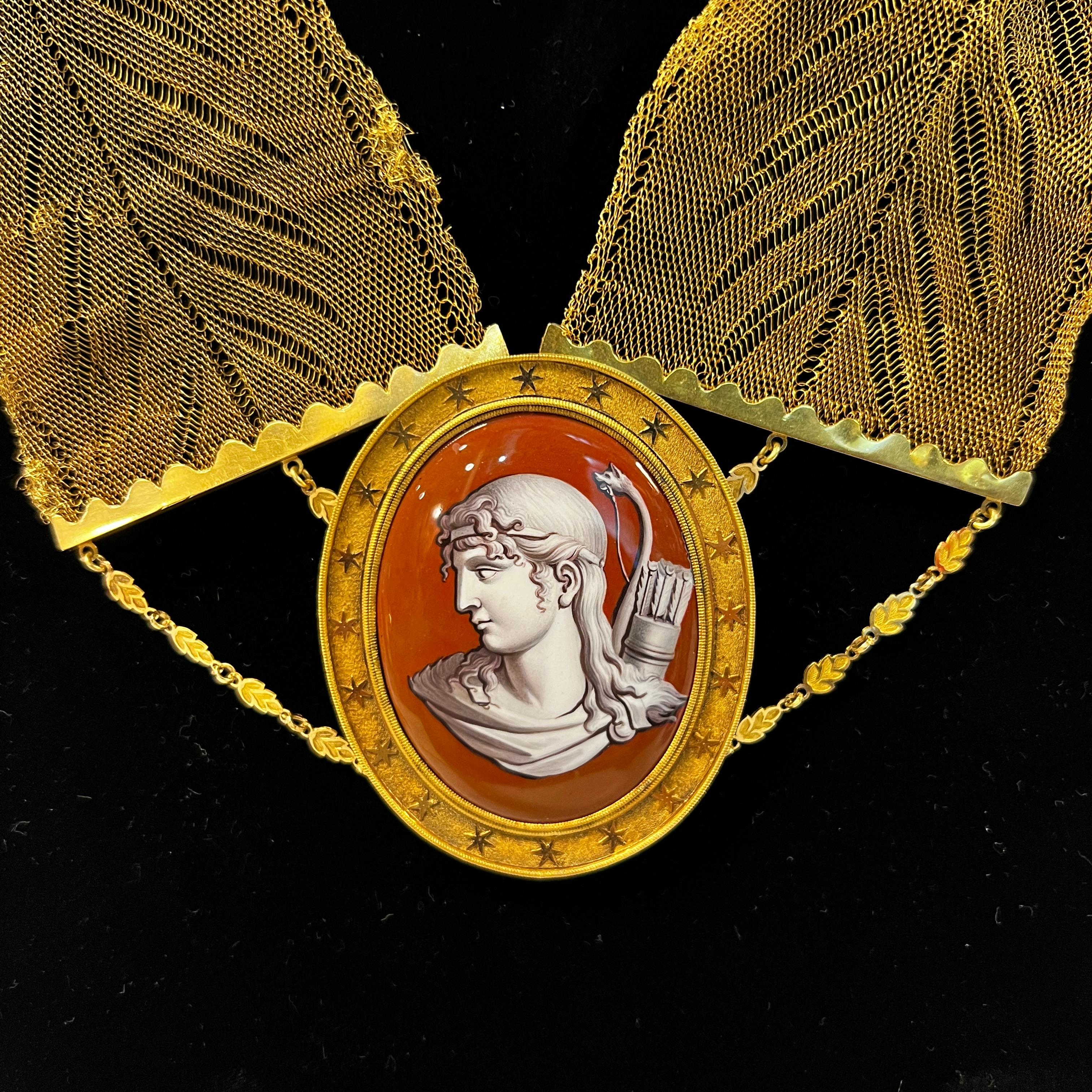Neoclassical Revival Enamel and Gilt Bronze Cameo Necklace Depicting Goddess Artemis / Diana For Sale