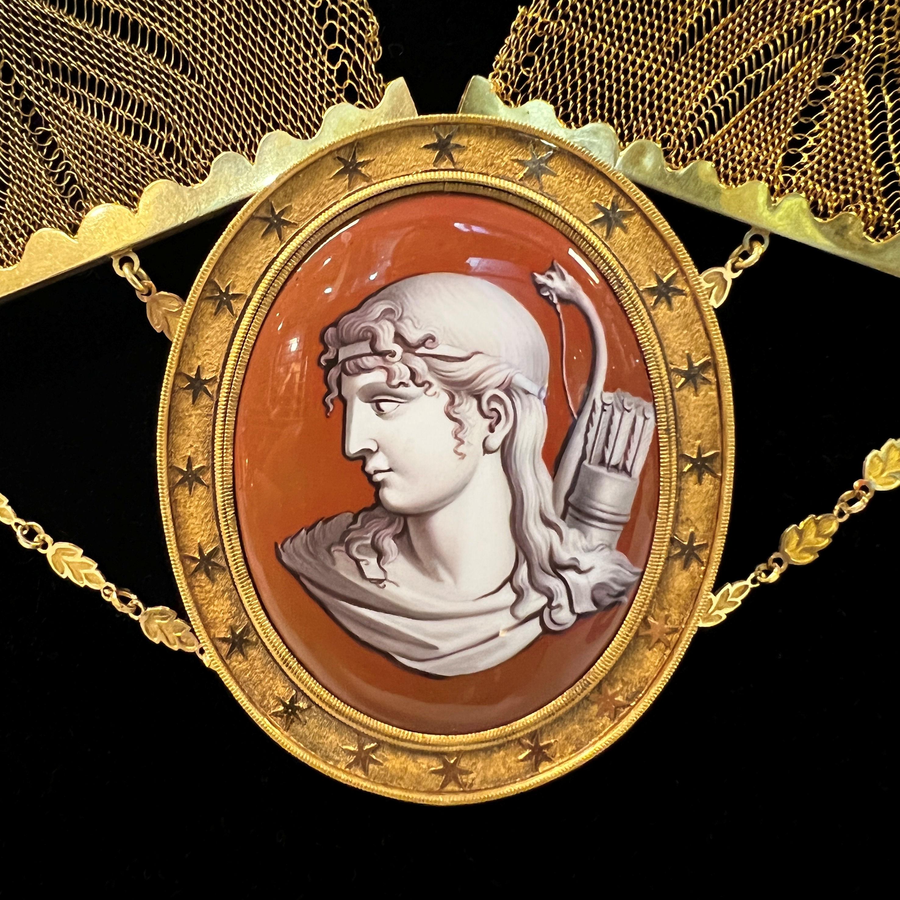 European Enamel and Gilt Bronze Cameo Necklace Depicting Goddess Artemis / Diana For Sale