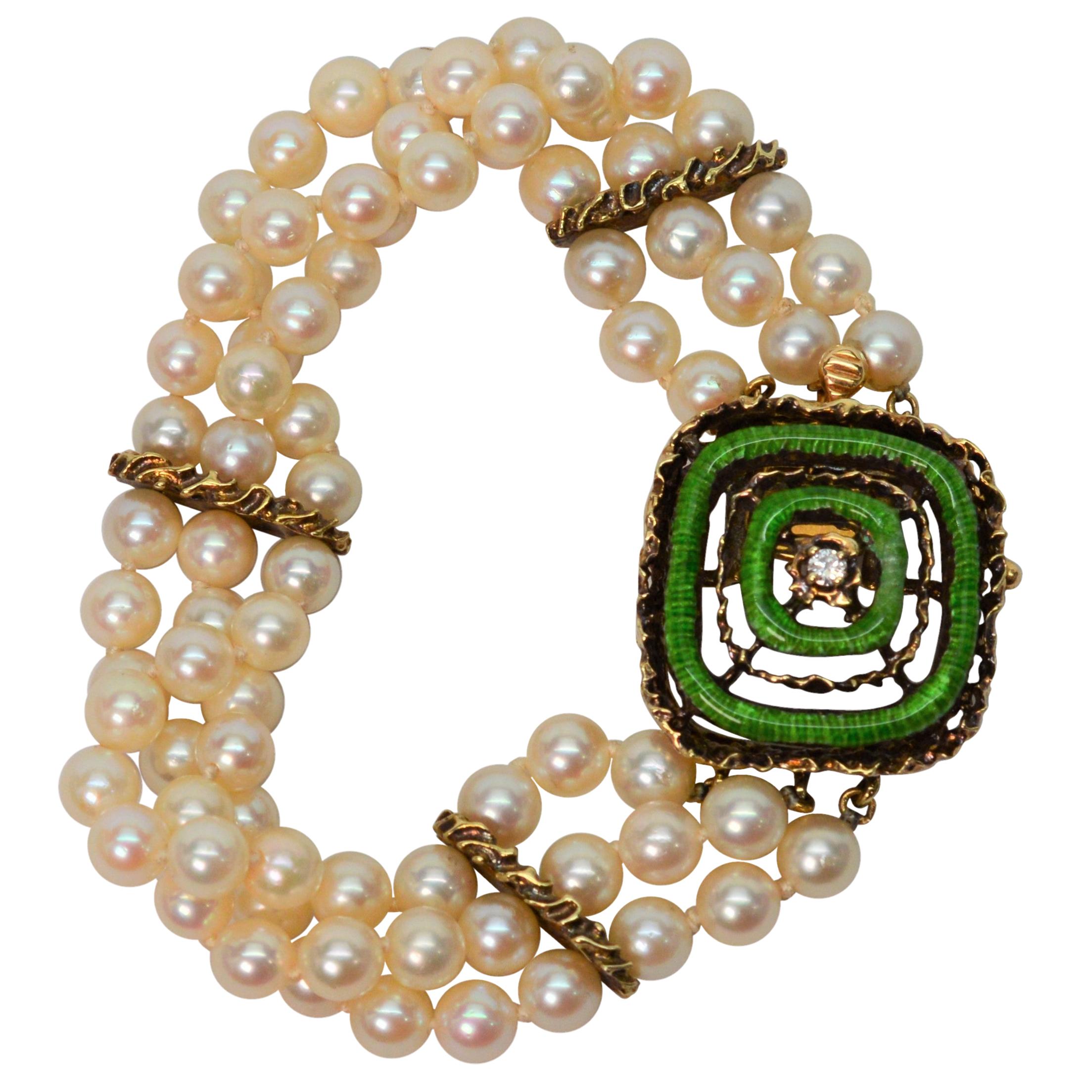 Enamel and Gold Charm Pearl Bracelet with Diamond Accent For Sale