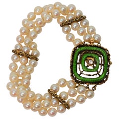 Vintage Enamel and Gold Charm Pearl Bracelet with Diamond Accent