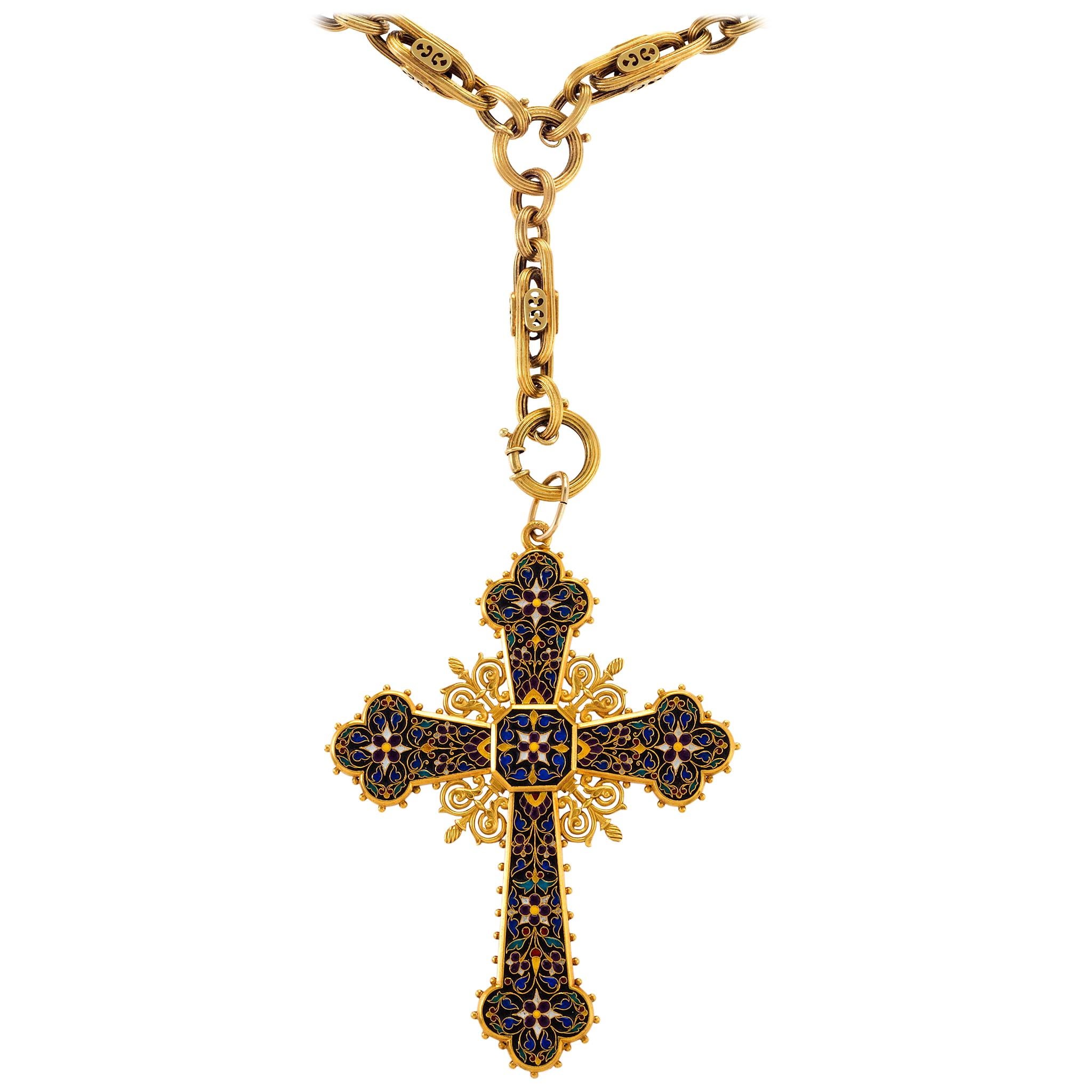 Collier pendentif croix en émail et or en vente