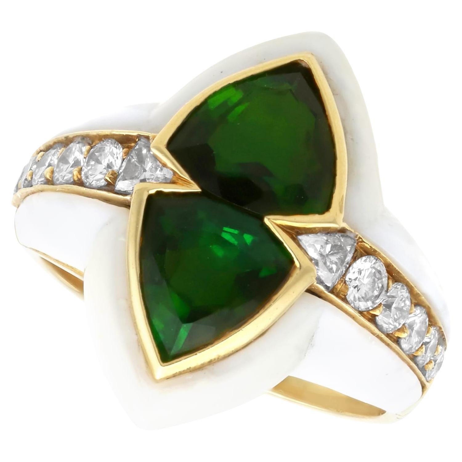 Enamel and Green Tourmaline Diamond Ring in Yellow Gold