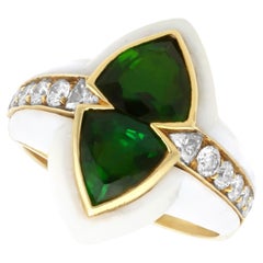 Emaille und Grüner Turmalin Diamant Ring in Gelbgold