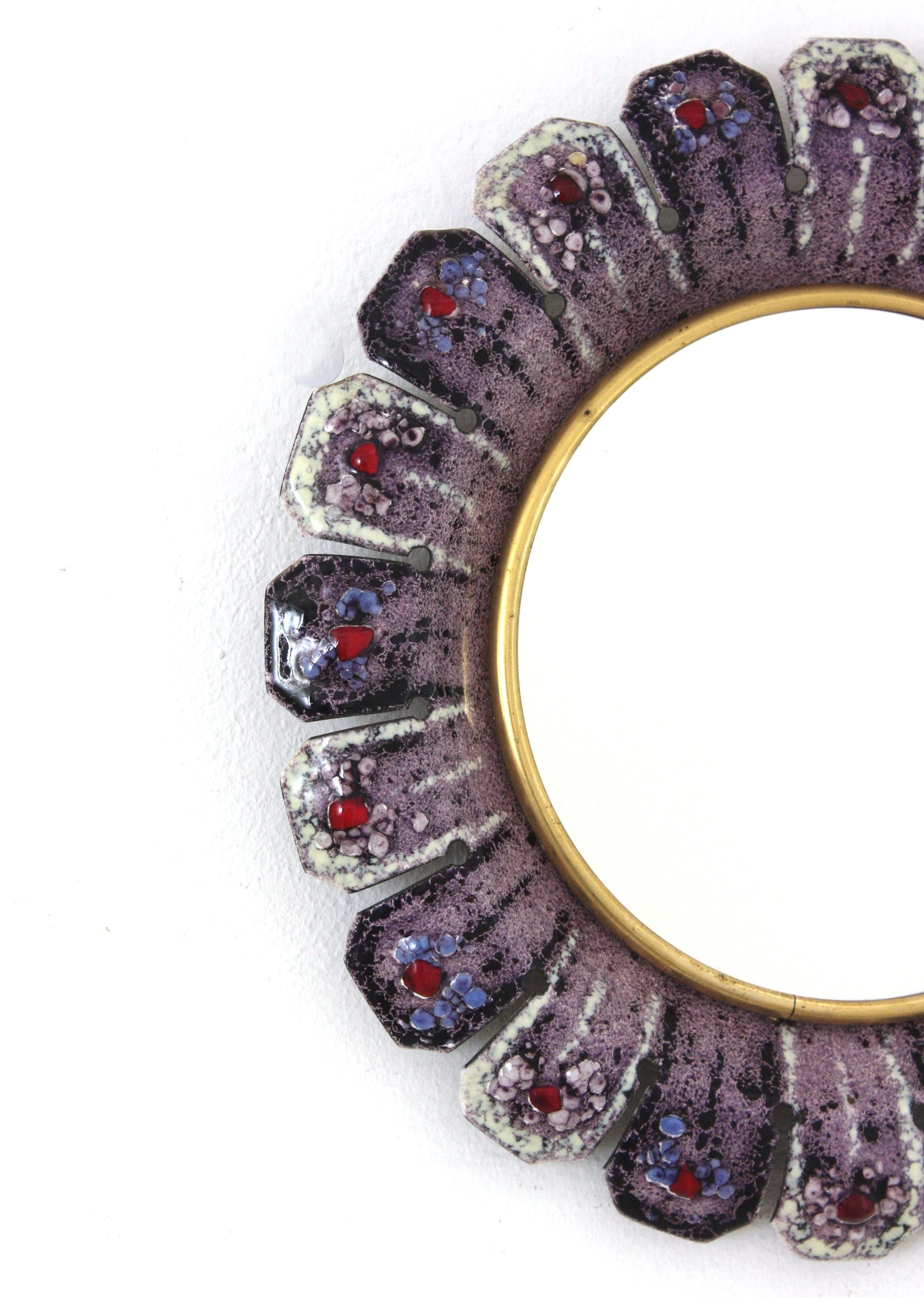 Enamel and Metal Flower Sunburst Mirror in the Style of François Lembo, 1950s For Sale 3