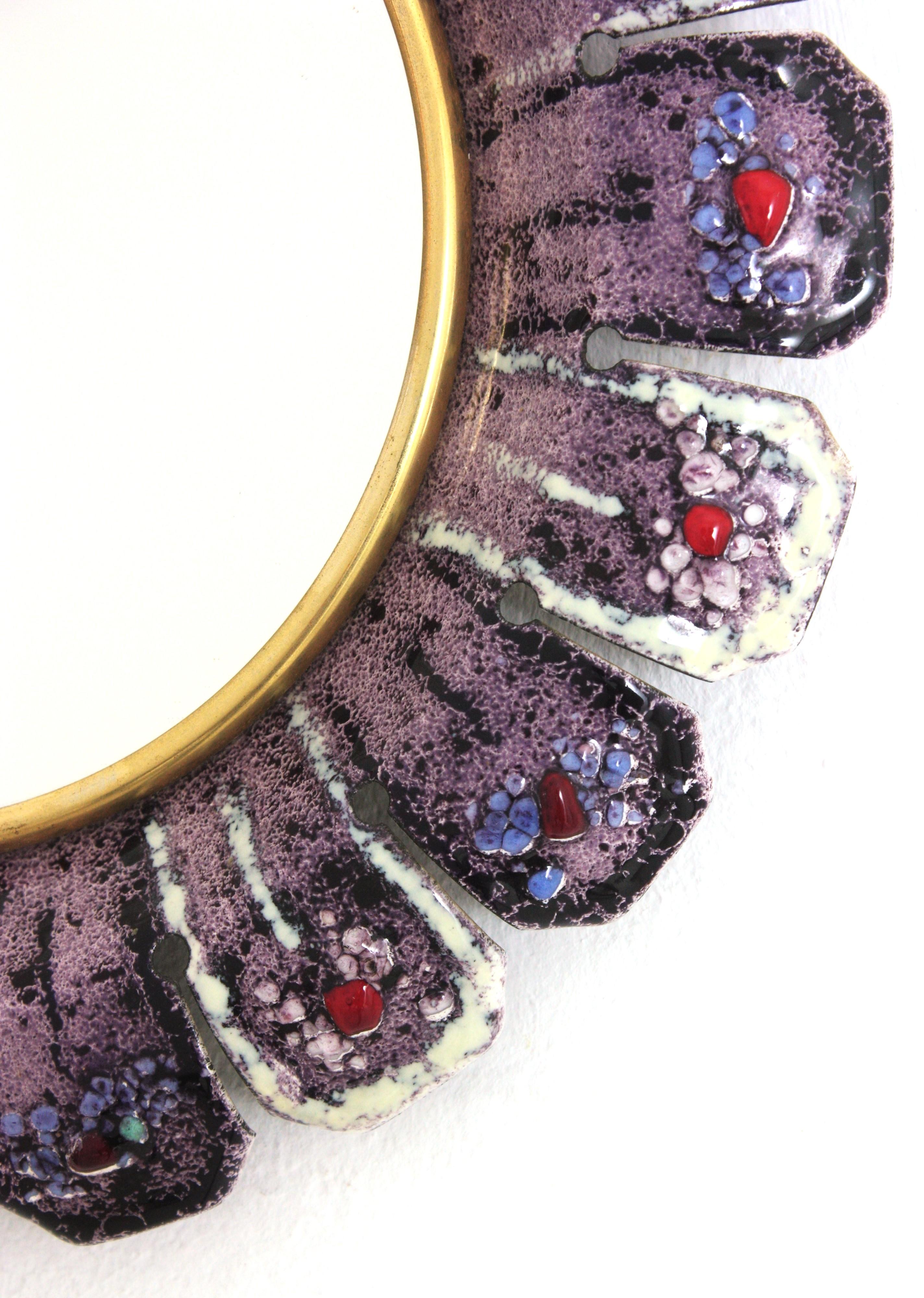 Enamel and Metal Flower Sunburst Mirror in the Style of François Lembo, 1950s For Sale 6