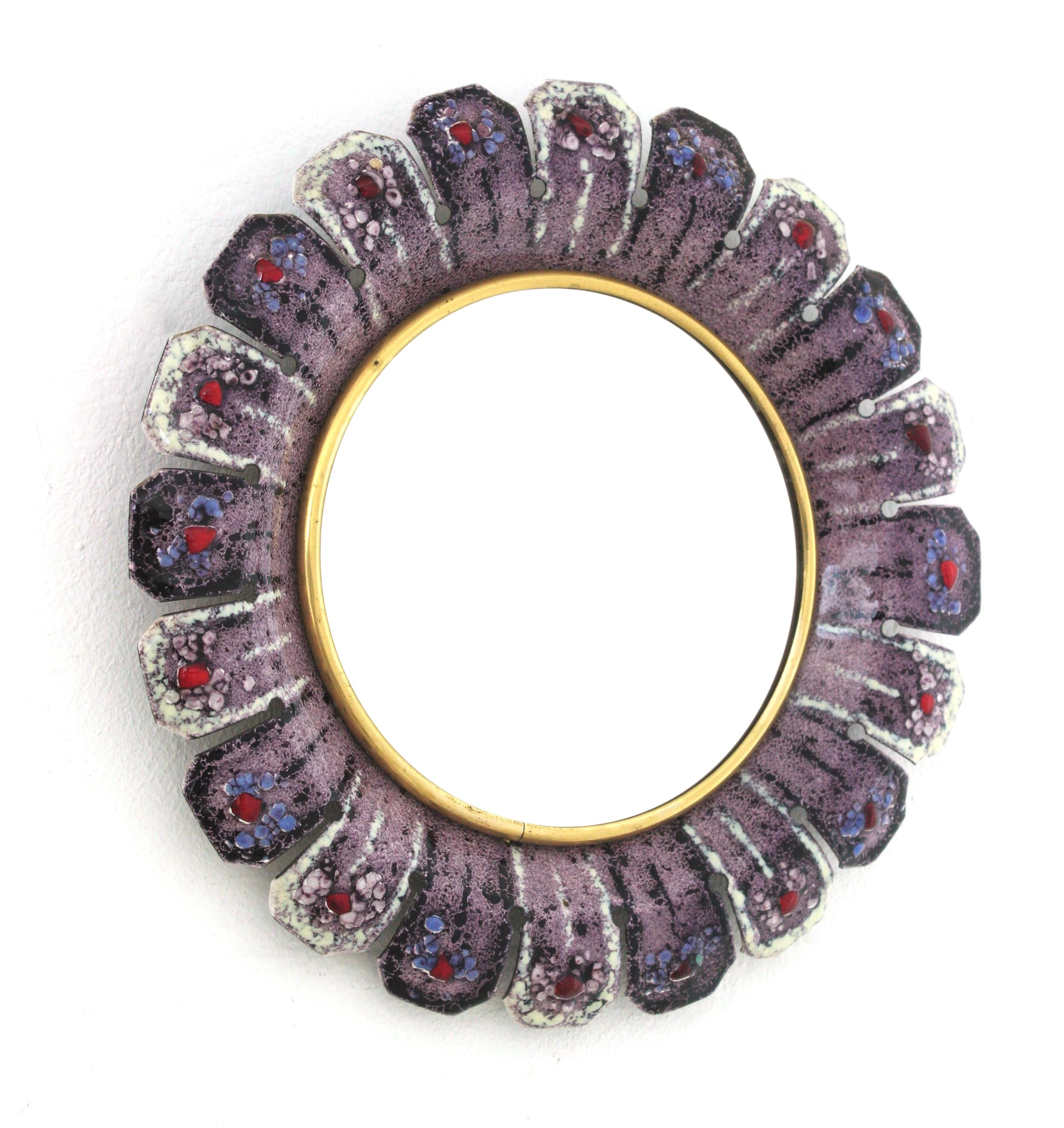 Enamel and Metal Flower Sunburst Mirror in the Style of François Lembo, 1950s For Sale 7