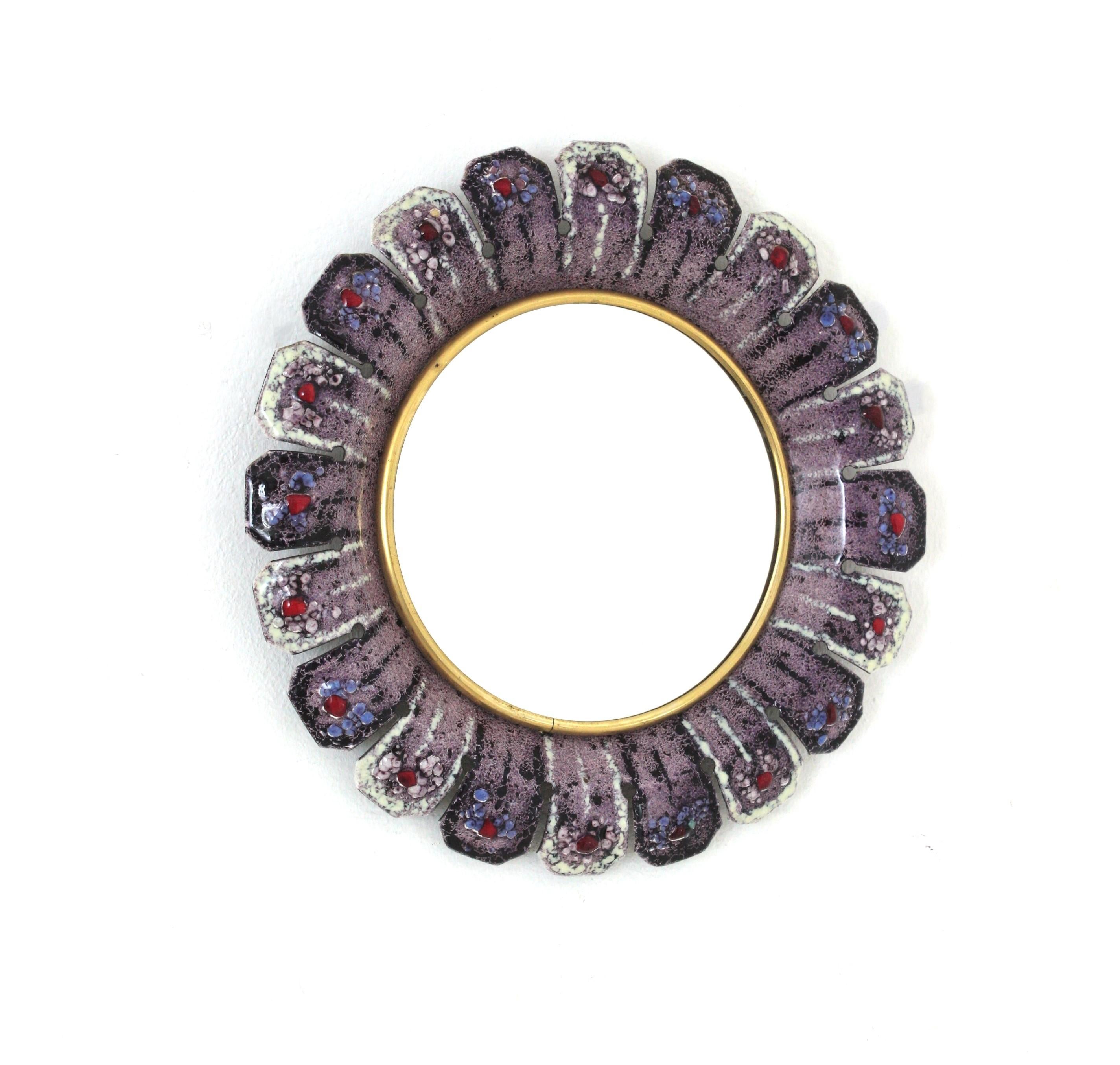 Mid-Century Modern Enamel and Metal Flower Sunburst Mirror in the Style of François Lembo, 1950s For Sale