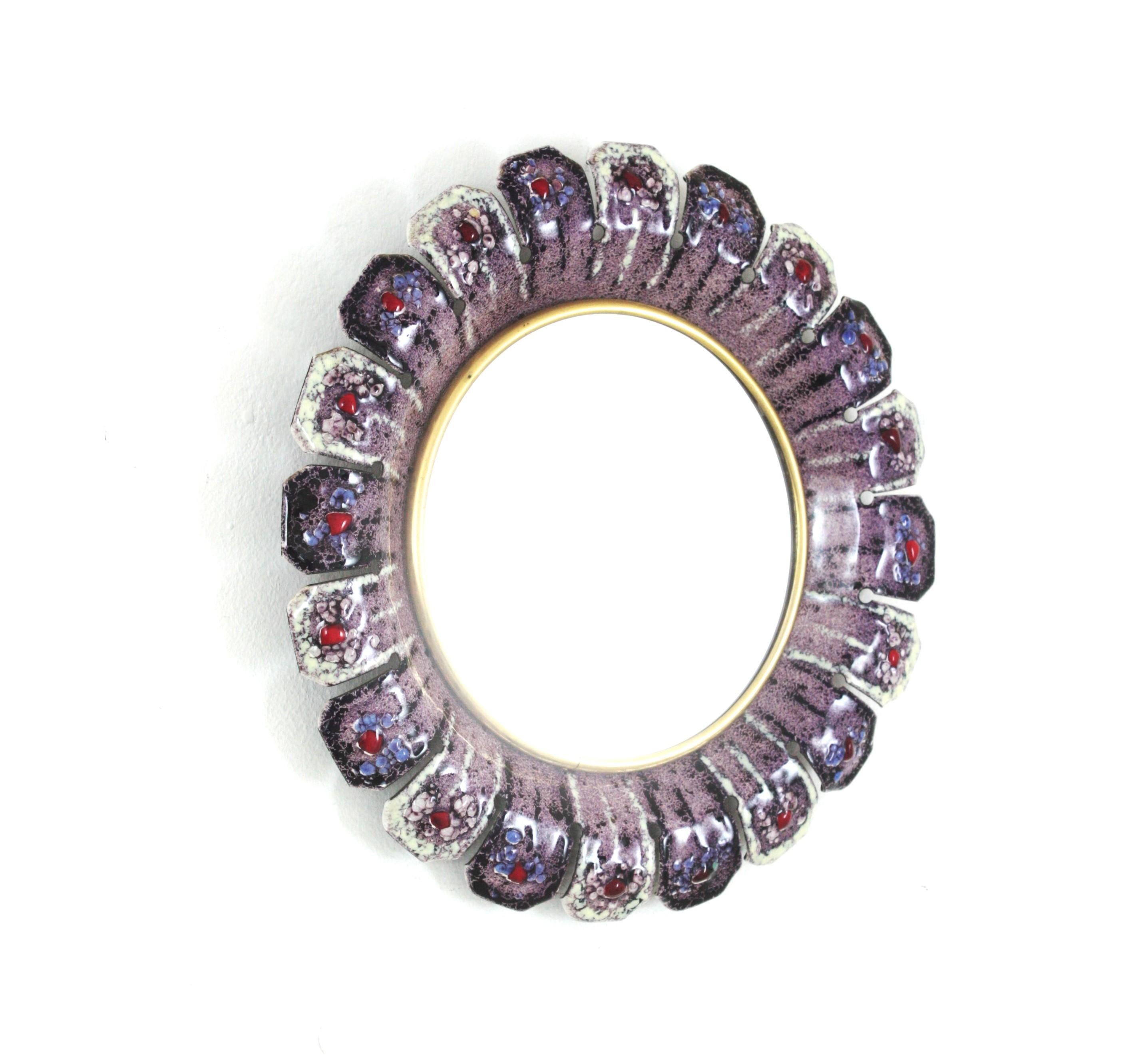 Hand-Crafted Enamel and Metal Flower Sunburst Mirror in the Style of François Lembo, 1950s For Sale