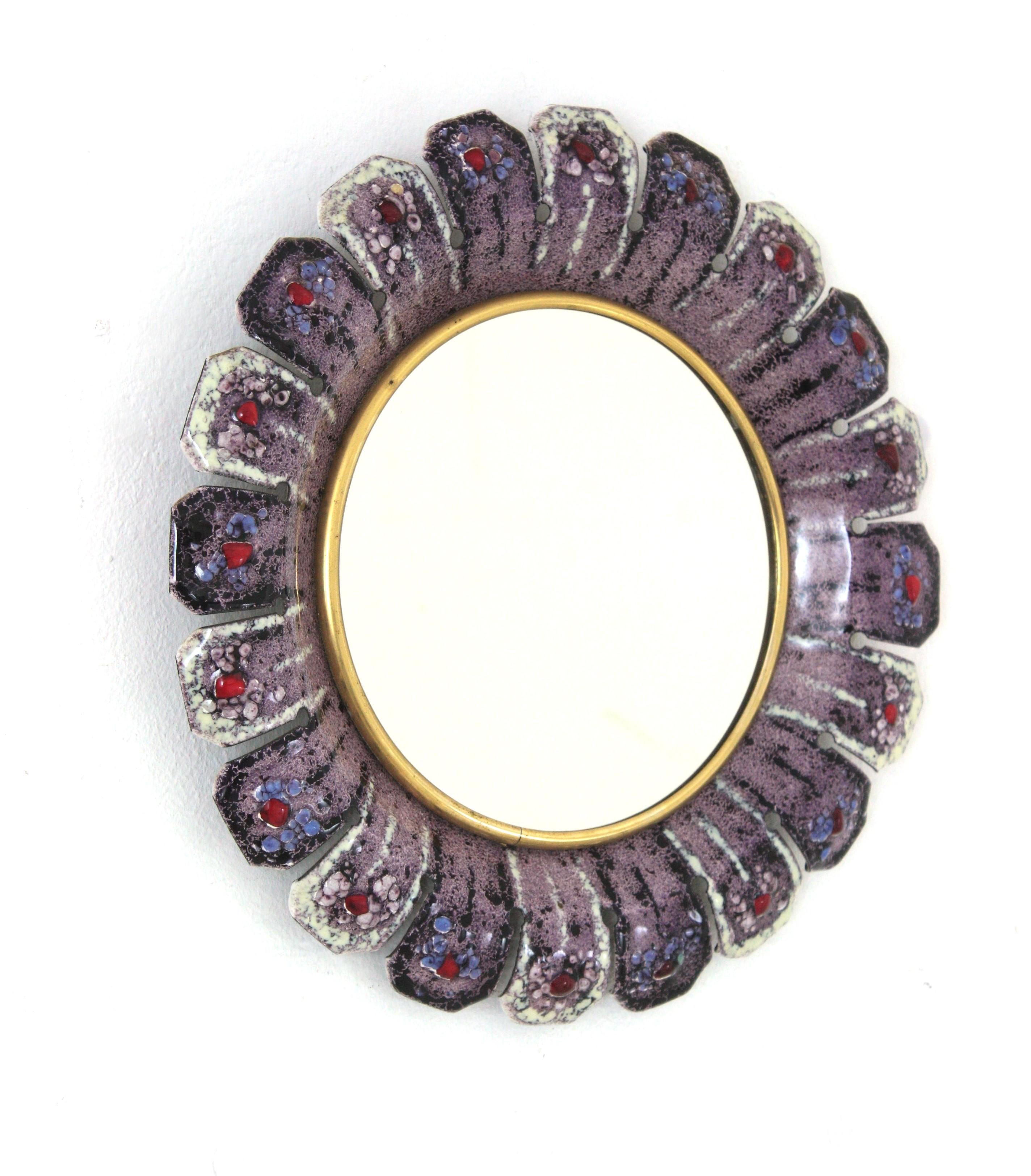 Enamel and Metal Flower Sunburst Mirror in the Style of François Lembo, 1950s In Excellent Condition For Sale In Barcelona, ES