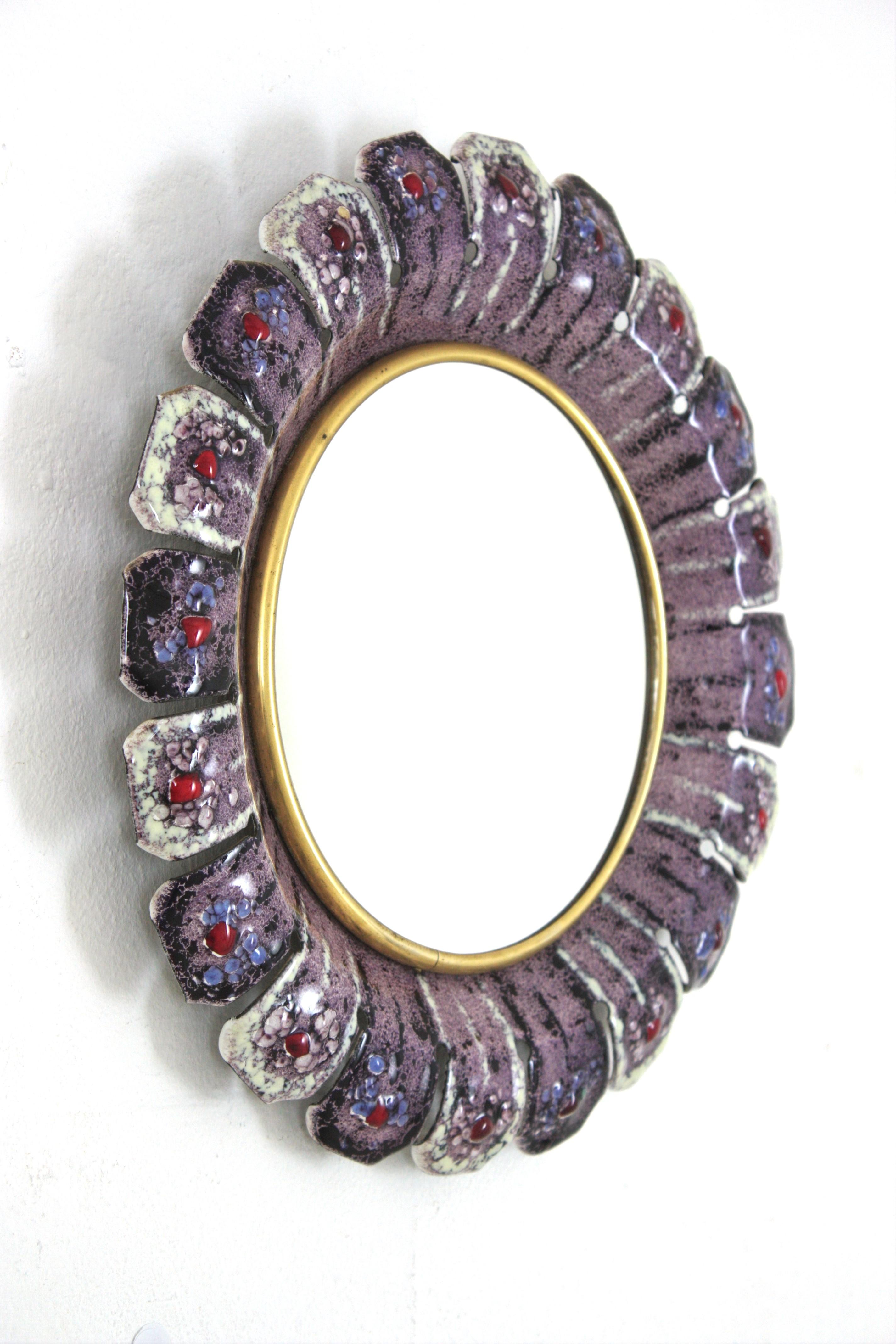 20th Century Enamel and Metal Flower Sunburst Mirror in the Style of François Lembo, 1950s For Sale