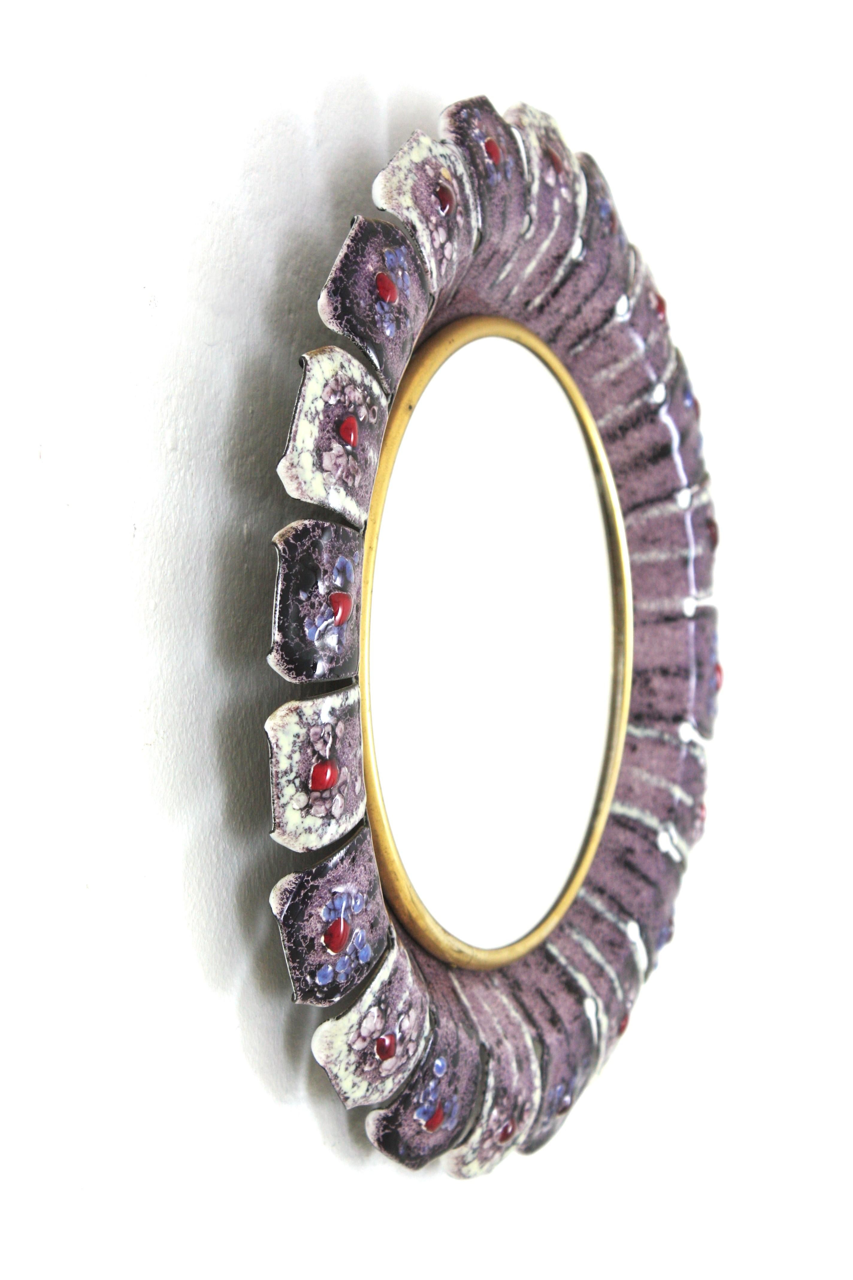 Enamel and Metal Flower Sunburst Mirror in the Style of François Lembo, 1950s For Sale 1