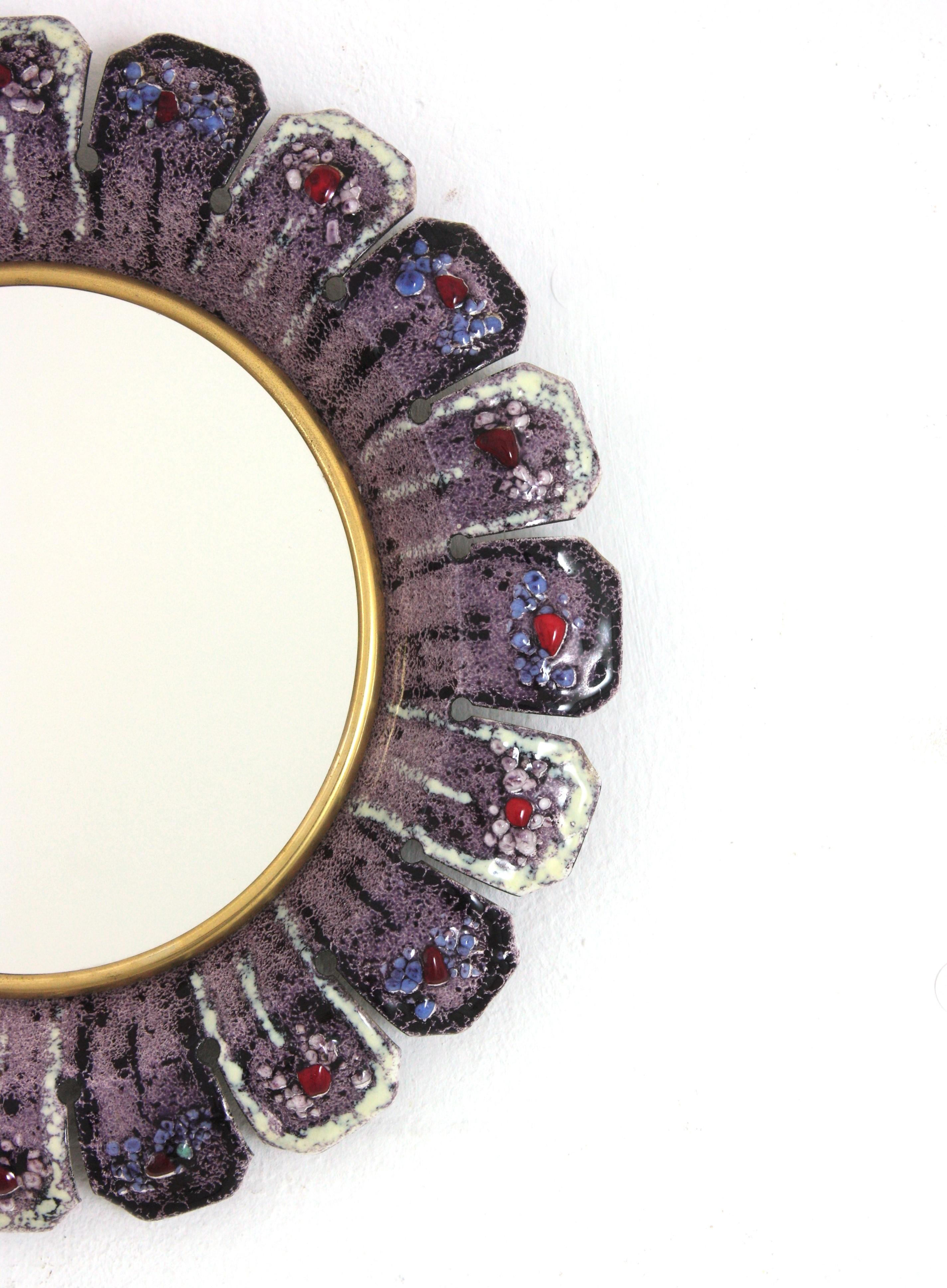 Enamel and Metal Flower Sunburst Mirror in the Style of François Lembo, 1950s For Sale 2