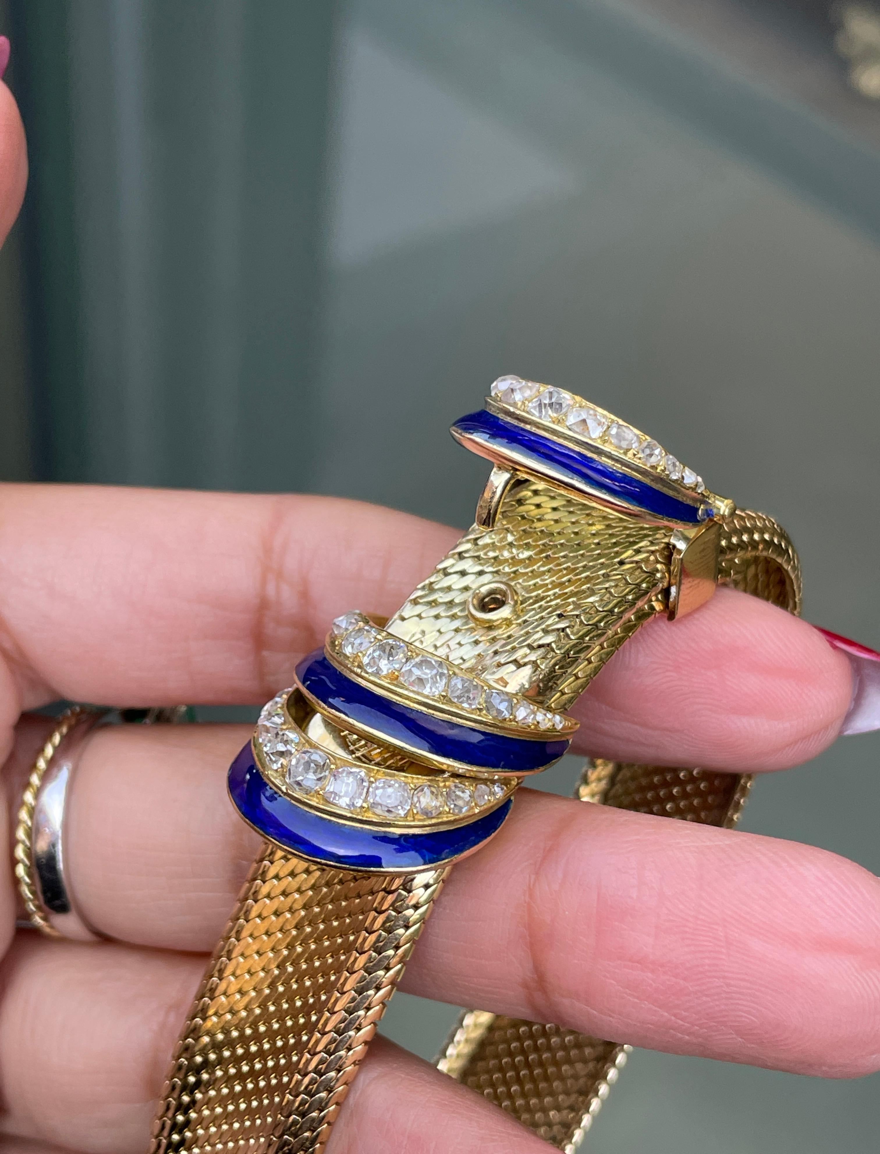 Enamel and Old Cut Diamond 18 Carat Yellow Gold Mesh Buckle Bracelet  In Good Condition For Sale In London, GB