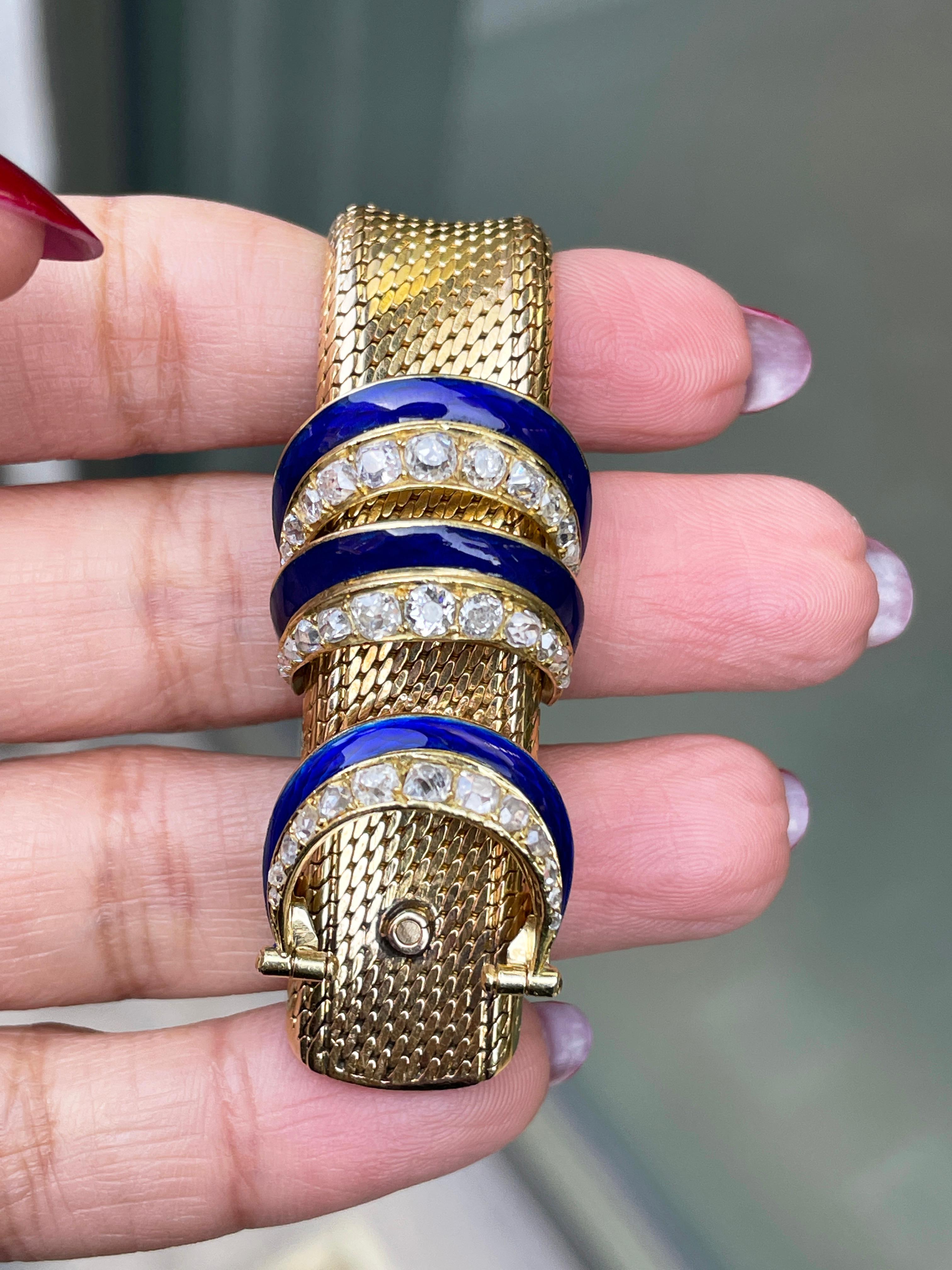 Women's or Men's Enamel and Old Cut Diamond 18 Carat Yellow Gold Mesh Buckle Bracelet  For Sale