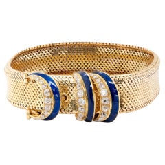 Enamel and Old Cut Diamond 18 Carat Yellow Gold Mesh Buckle Bracelet 