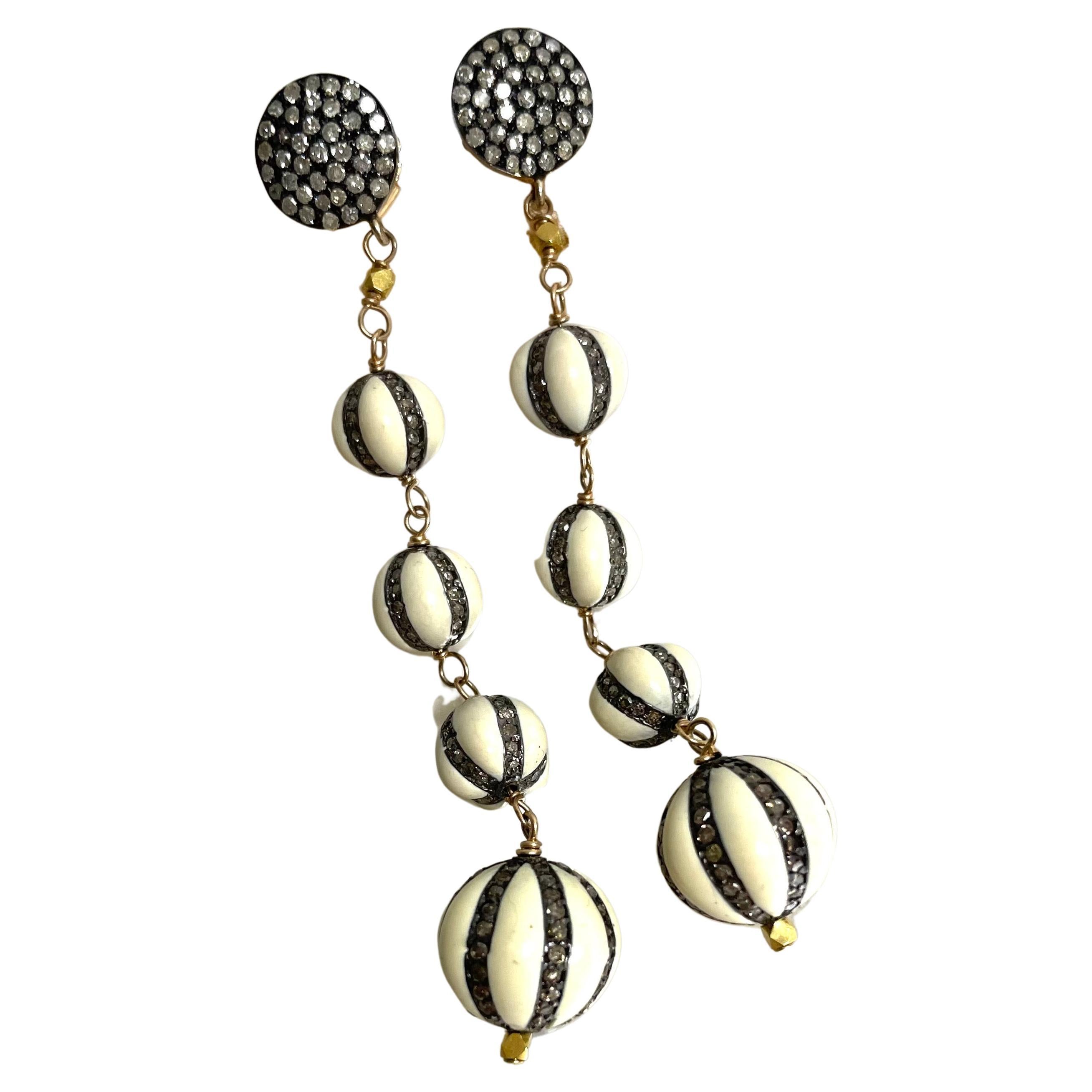 Round Cut Enamel and Pave Diamond Melon Ball Design Earrings For Sale