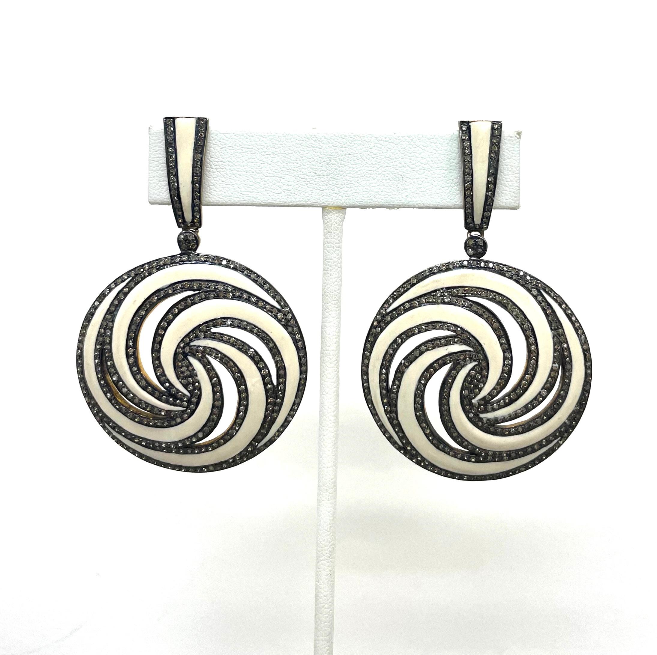 Artisan  Enamel and Pave Diamond Pinwheel Design Earrings For Sale