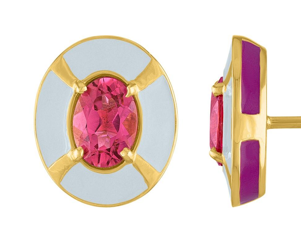 Enamel and Pink Tourmaline Oval Stud Earrings In New Condition For Sale In New York, NY