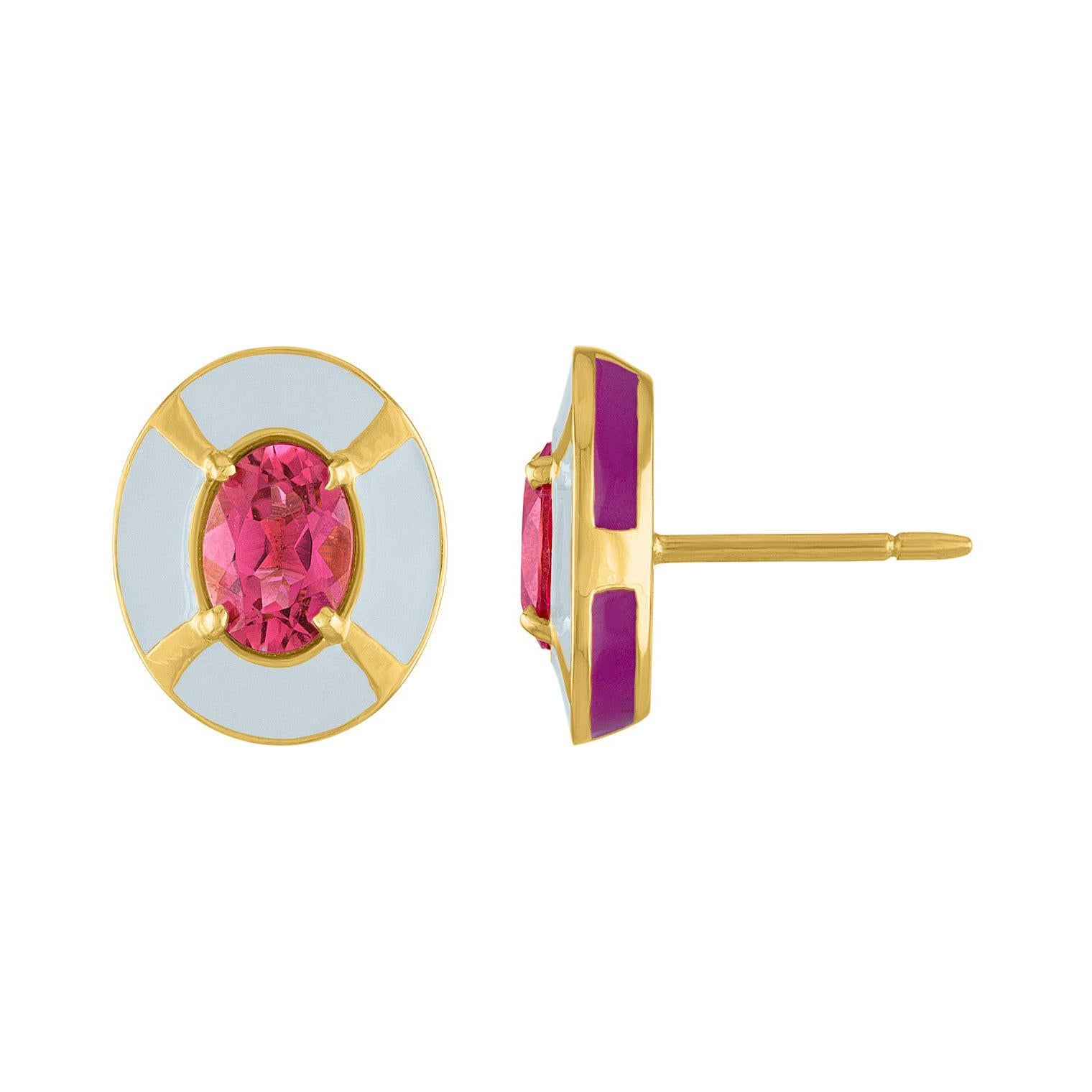 Enamel and Pink Tourmaline Oval Stud Earrings For Sale