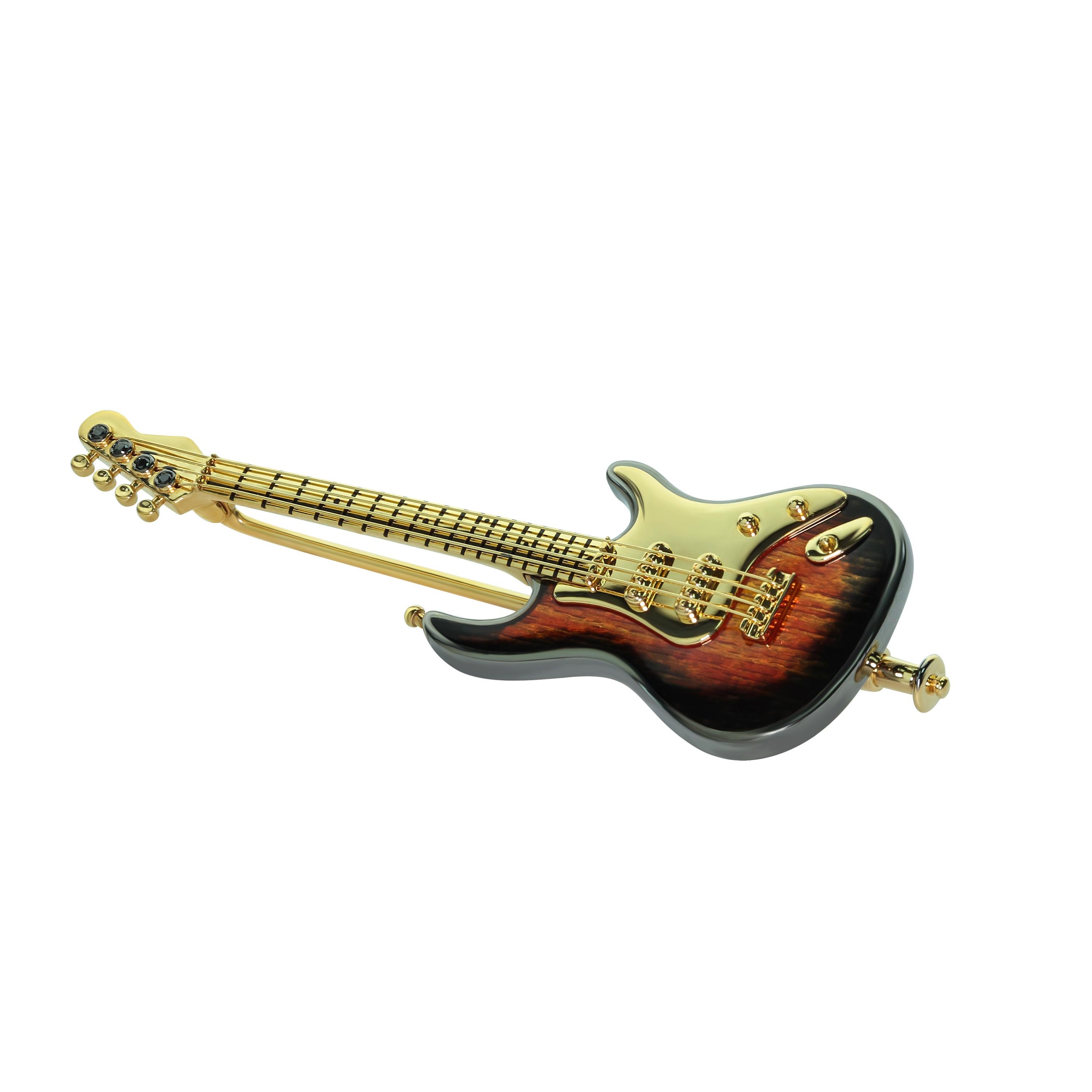Broche Guitarra Esmalte Diamantes Negros Oro Amarillo 18 Kilates Corte redondo
