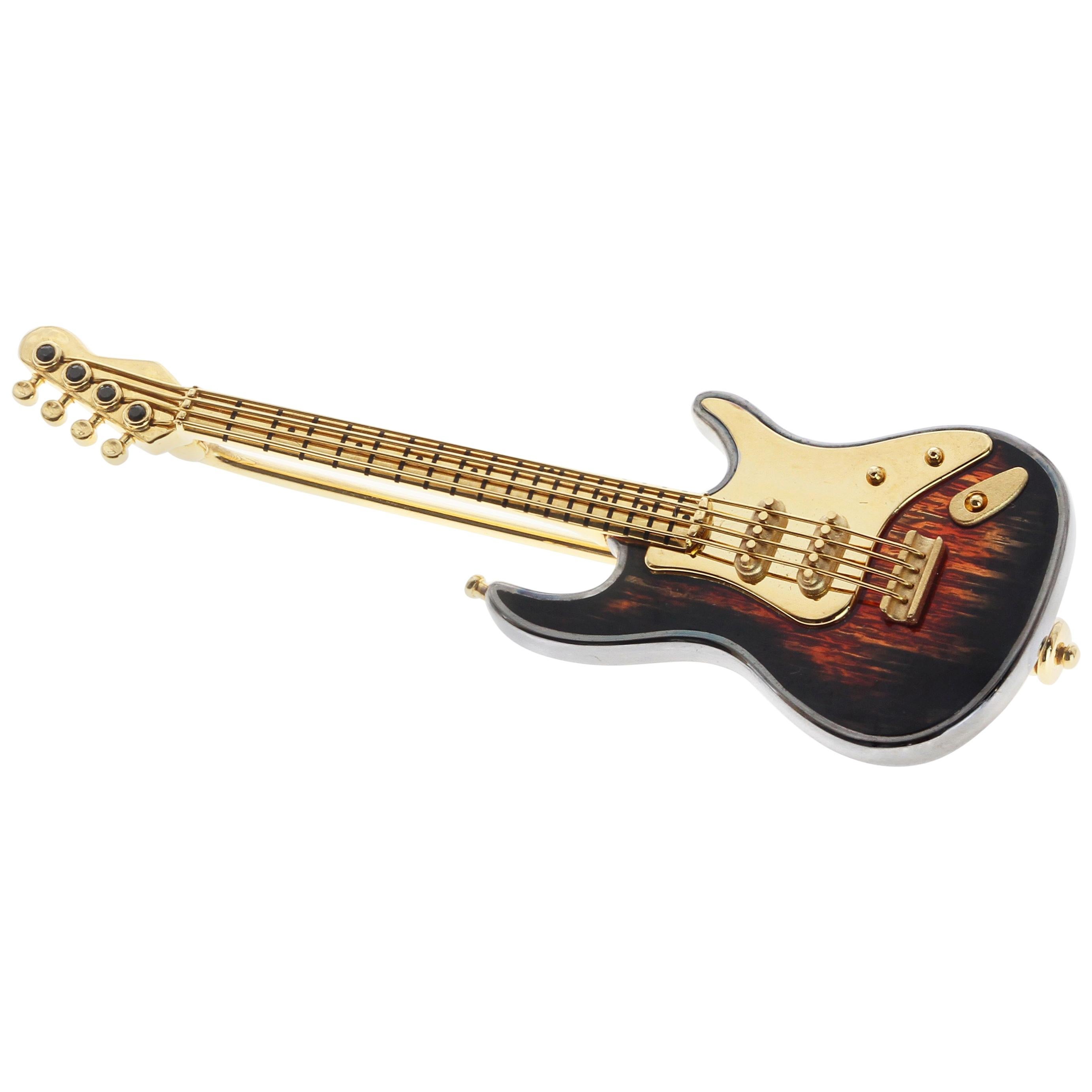 Enamel Black Diamonds 18 Karat Yellow Gold Guitar Brooch For Sale