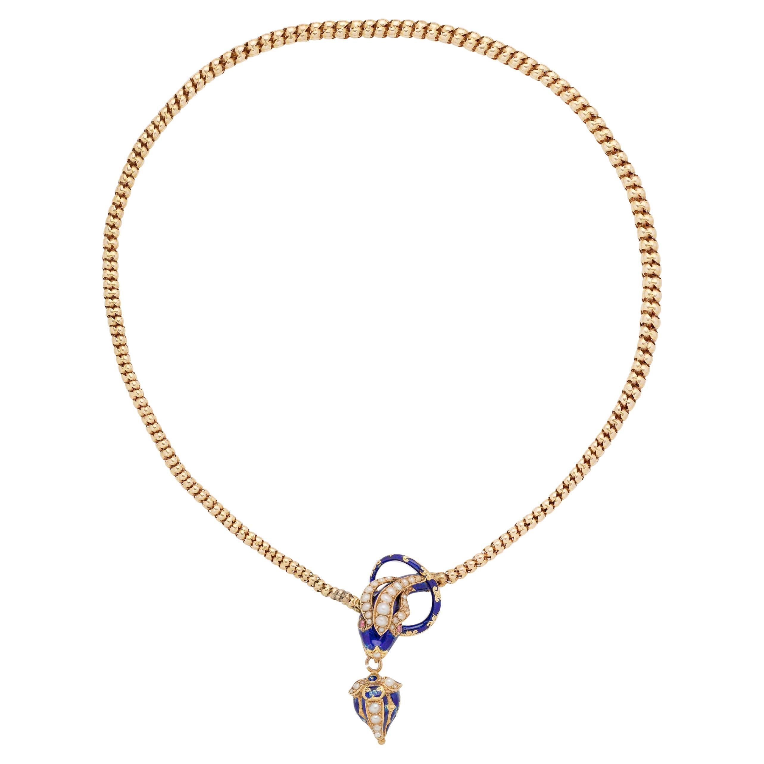 Victorian Enamel And Seed Pearl Snake Necklace Mid-19Th Century For Sale
