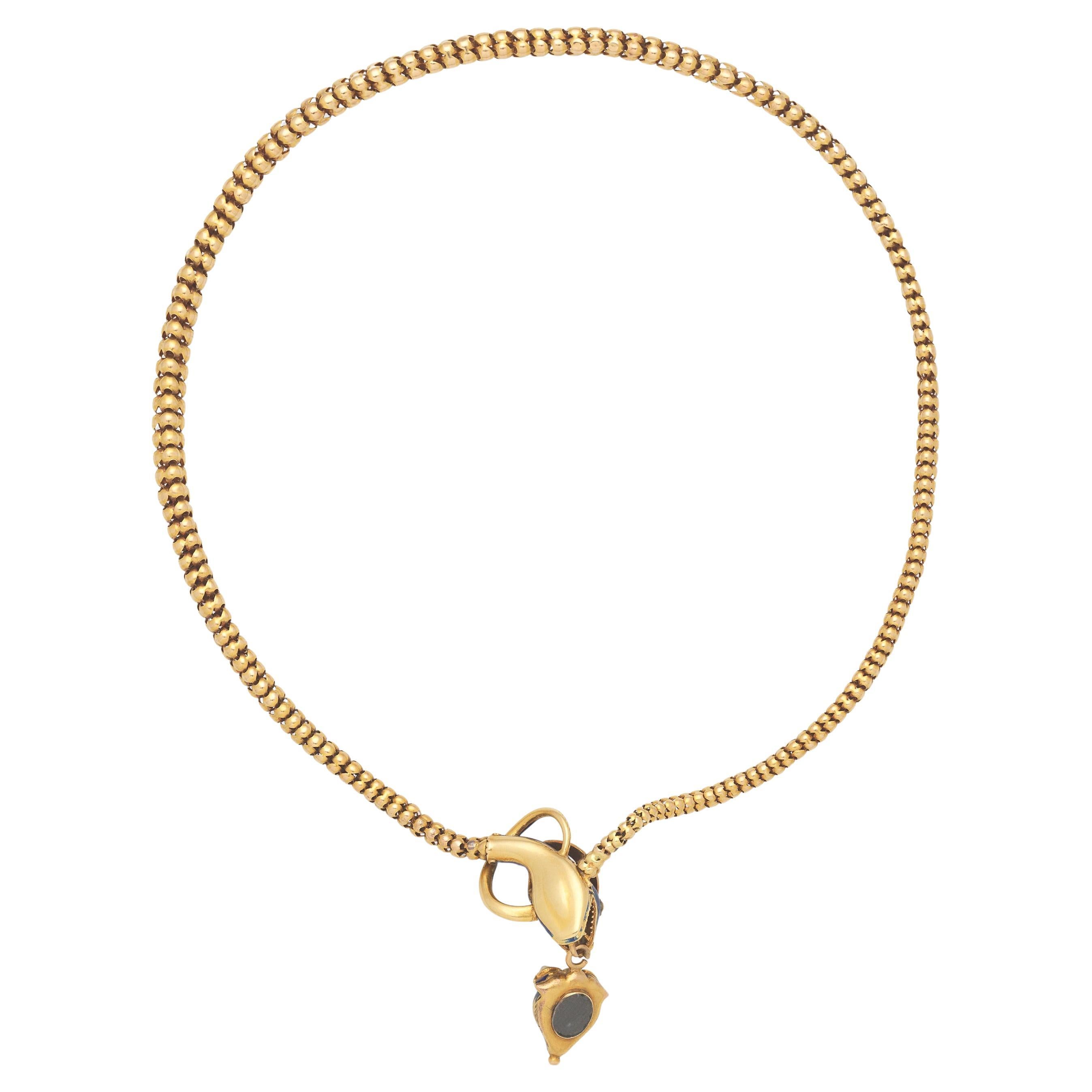 Oval Cut Enamel And Seed Pearl Snake Necklace Mid-19Th Century For Sale