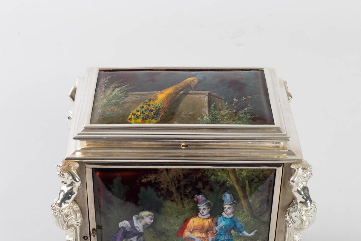 Napoleon III Enamel and Silver Bronze Jewelry Box Signed by L. GOBLENTZ