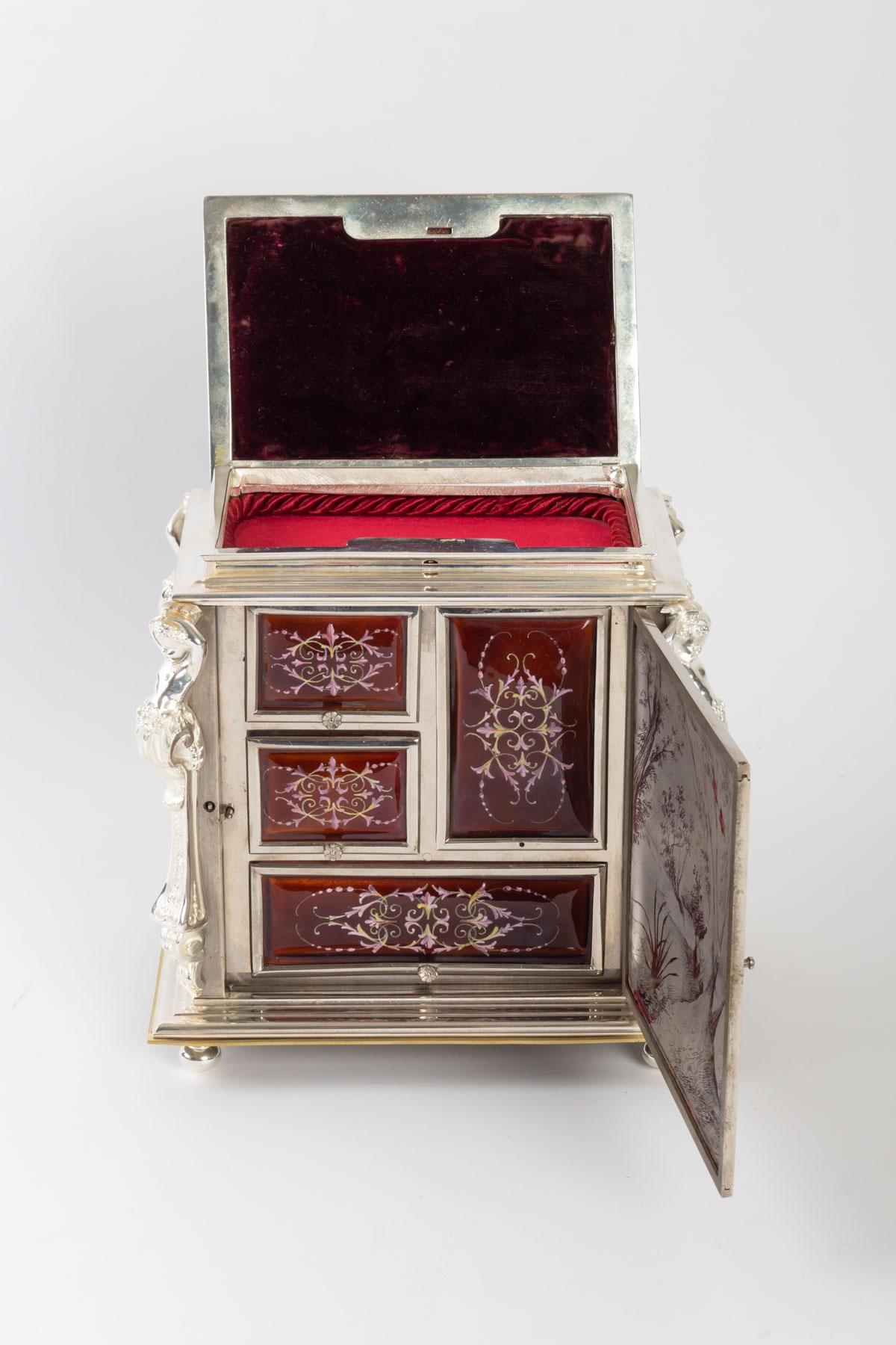 19th Century Enamel and Silver Bronze Jewelry Box Signed by L. GOBLENTZ