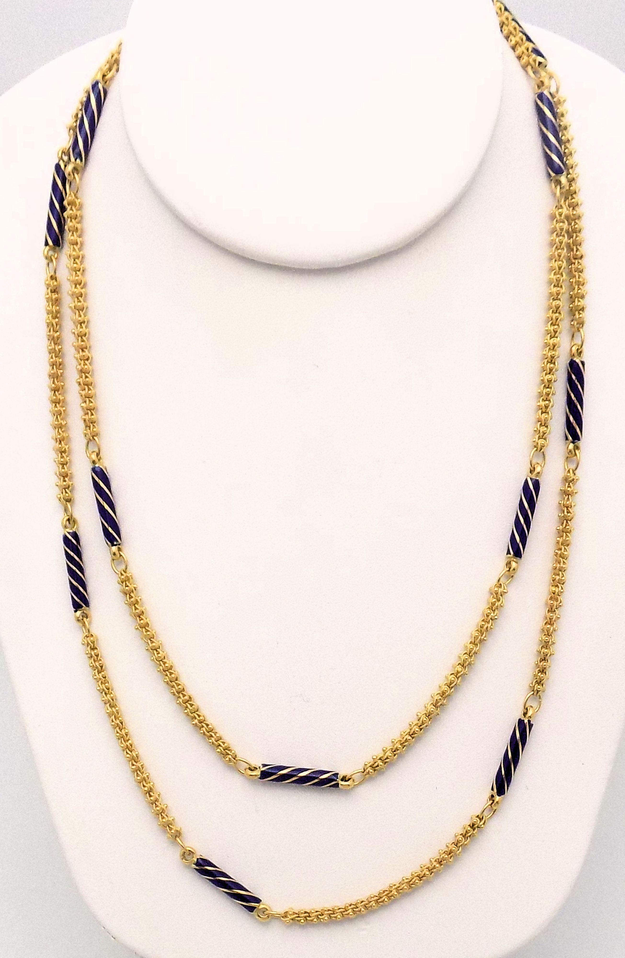 18 Karat Yellow Gold Necklace with Etruscan Link Chain and 12 Cobalt Blue Enamel Rod Shape Beads with Gold Swirls (Minor Enamel Losses), 39