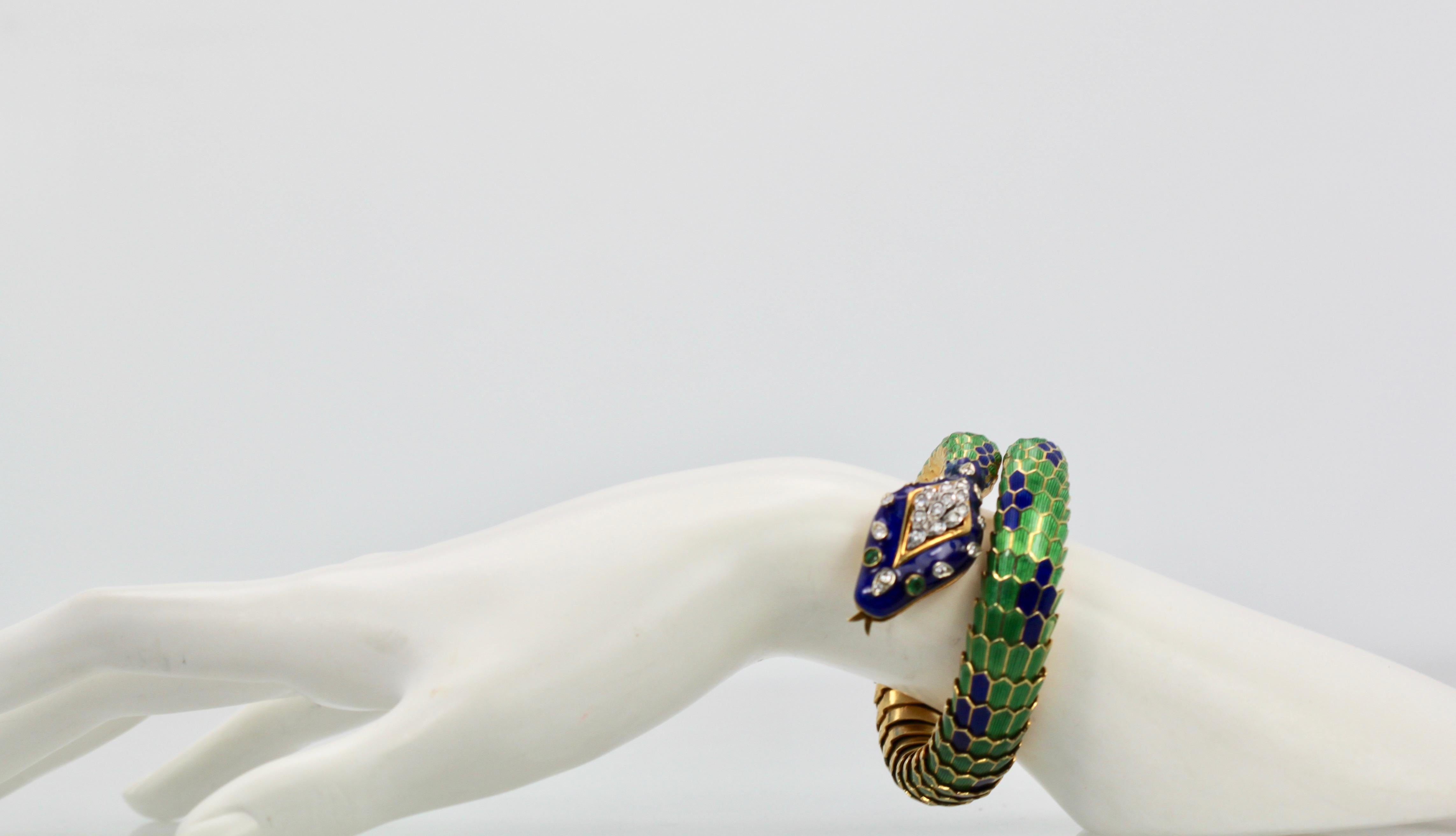 Enamel Articulated Snake Serpent Bracelet Diamond Head 18 Karat For Sale 1