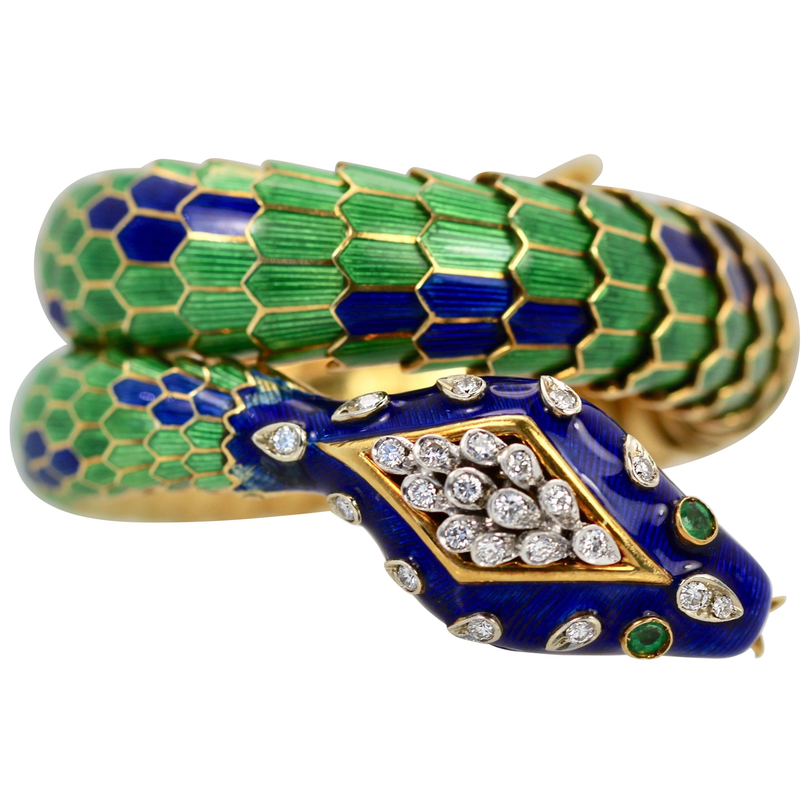 Enamel Articulated Snake Serpent Bracelet Diamond Head 18 Karat