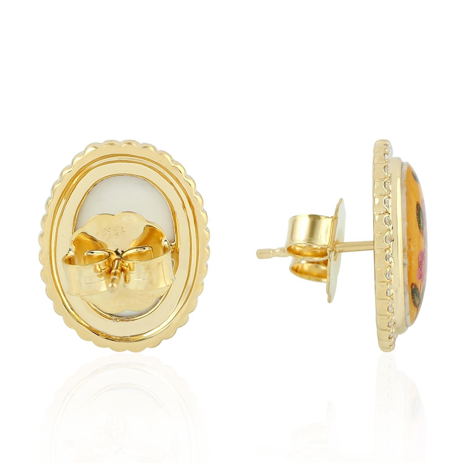 Artisan Enamel Hand Painted Diamond 18 Karat Gold Floral Stud Earrings For Sale