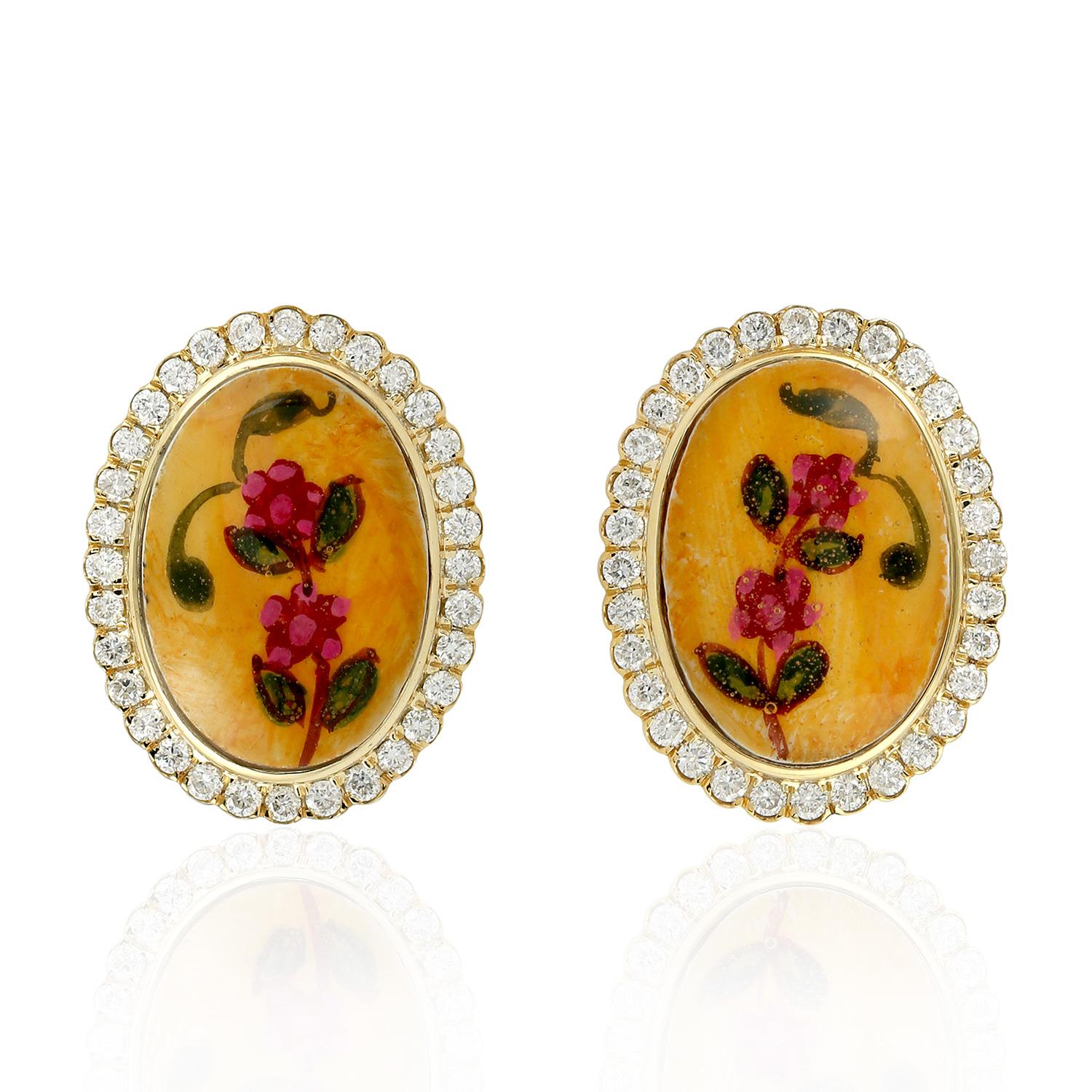 Oval Cut Enamel Hand Painted Diamond 18 Karat Gold Floral Stud Earrings For Sale