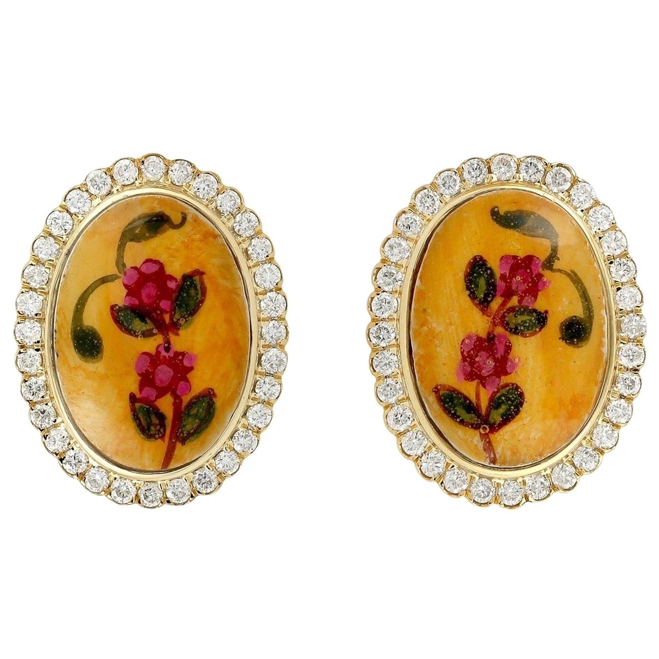 Enamel Hand Painted Diamond 18 Karat Gold Floral Stud Earrings