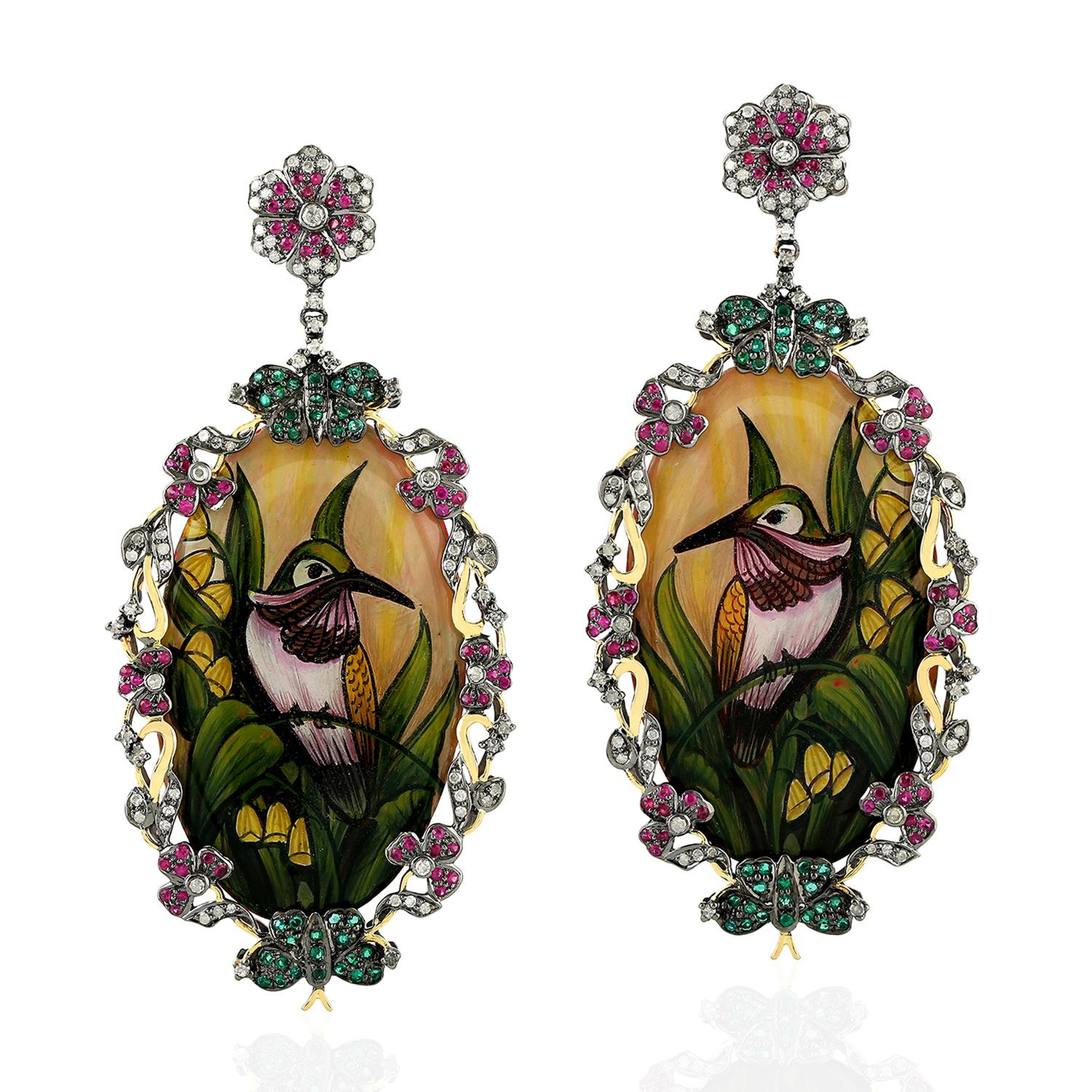 Artisan Enamel Bakelite Hand Painted Emerald Ruby Diamond Earrings For Sale