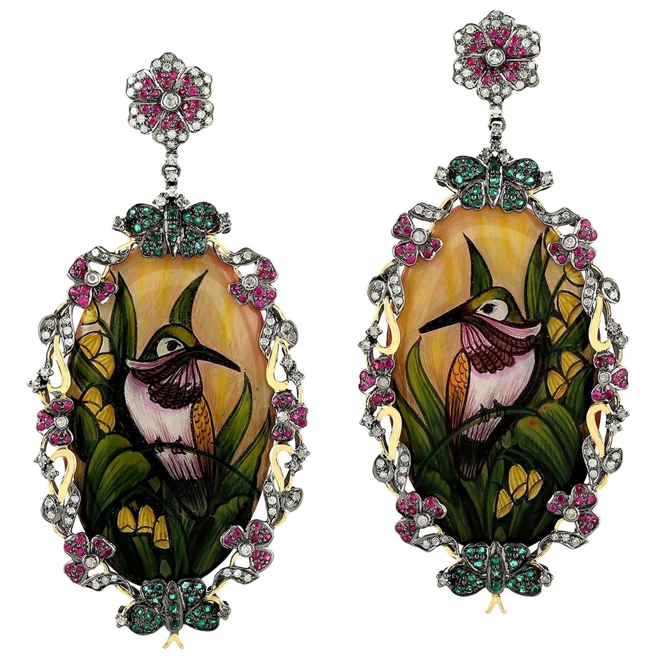 Enamel Bakelite Hand Painted Emerald Ruby Diamond Earrings For Sale