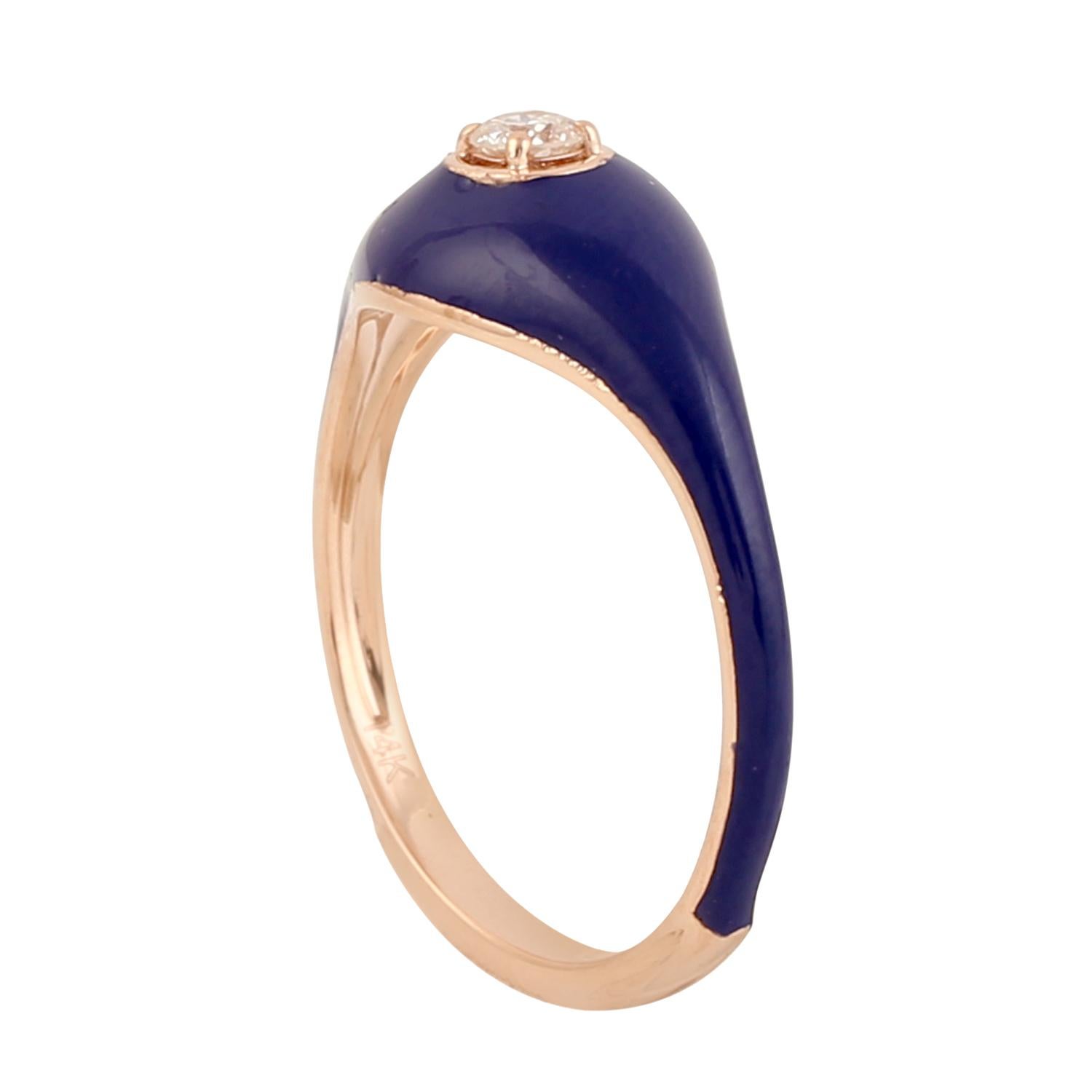 Mixed Cut Enamel Band Ring With Center Diamond Made In 14k Rose Gold For Sale