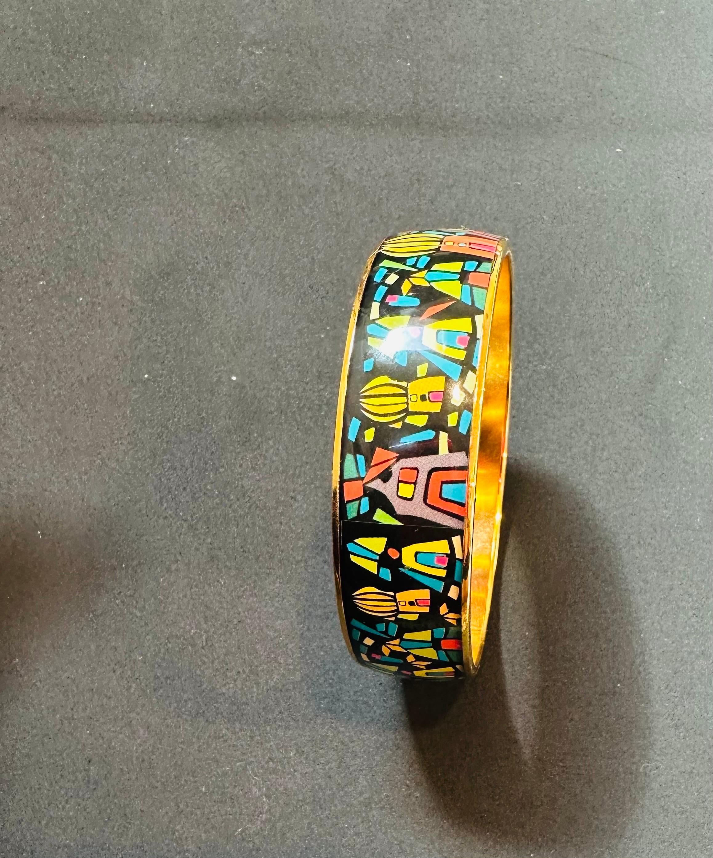 Enamel Bangle Bracelet Wide 65 PM Black, Orange Yellow Gold Trim  In Excellent Condition In New York, NY