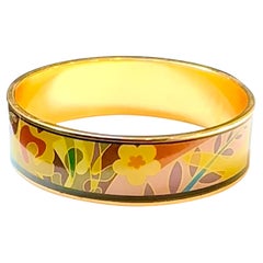 Enamel Bangle Bracelet Wide 70 PM Garden Pattern yellow Brown Gold Trim