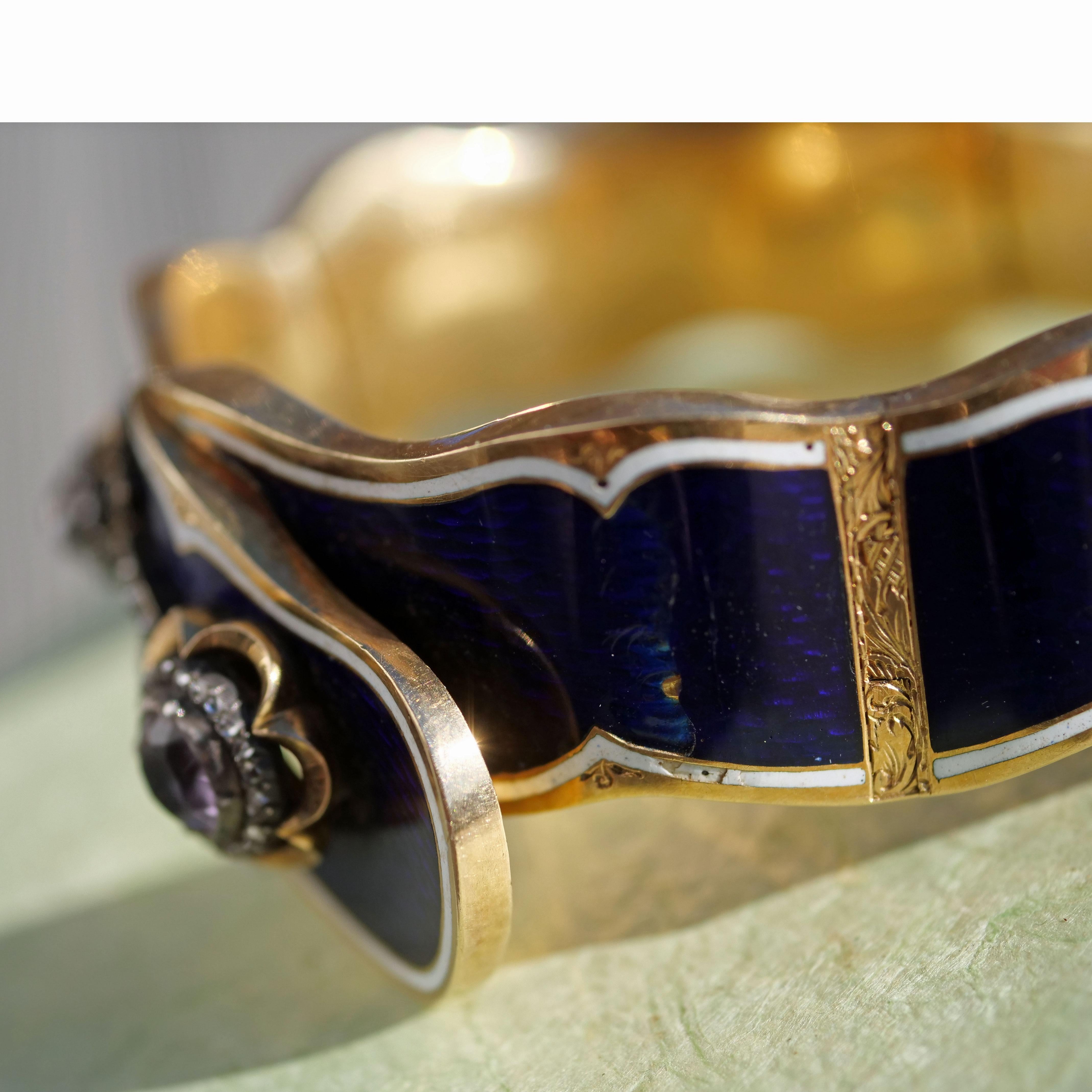 Enamel Bangle late 18 Century Sacred Midnight Blue with Yellow Gold and Diamonds For Sale 6