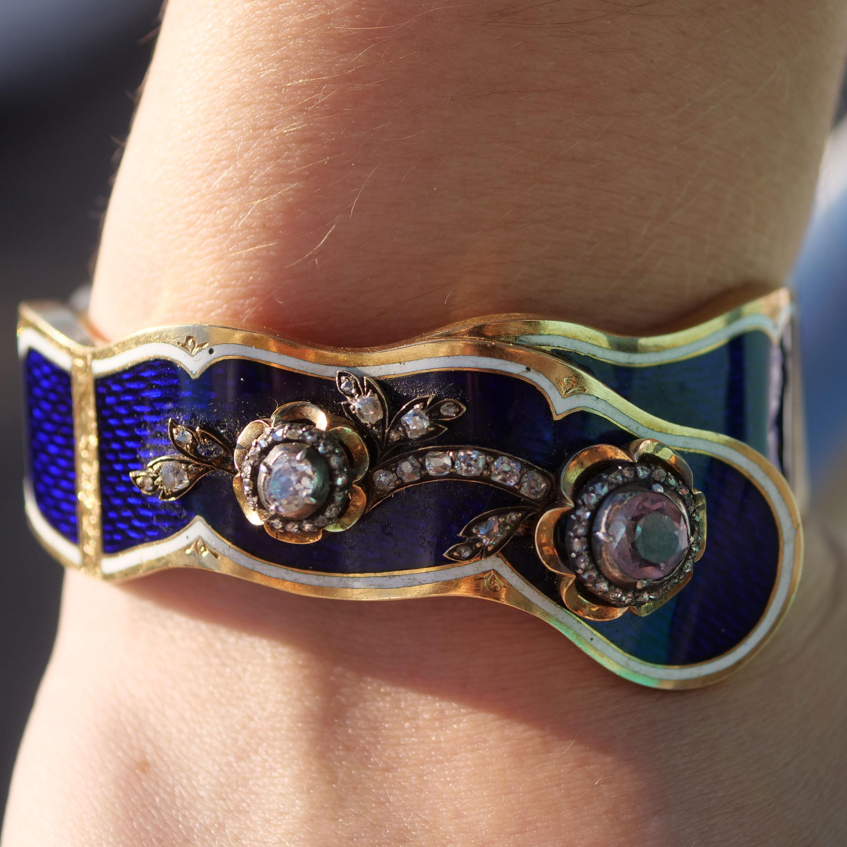 Enamel Bangle late 18 Century Sacred Midnight Blue with Yellow Gold and Diamonds For Sale 7