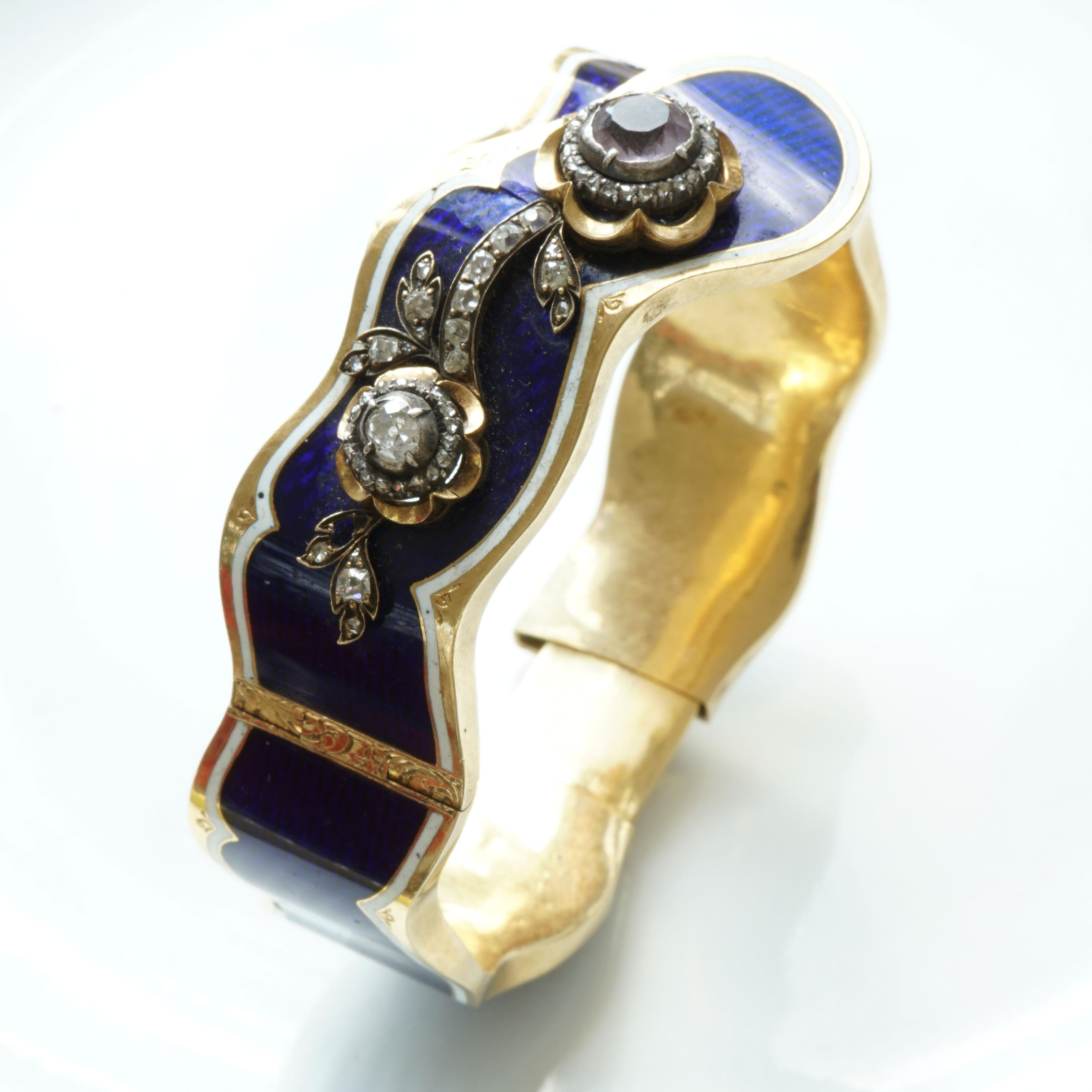 Victorian Enamel Bangle late 18 Century Sacred Midnight Blue with Yellow Gold and Diamonds For Sale