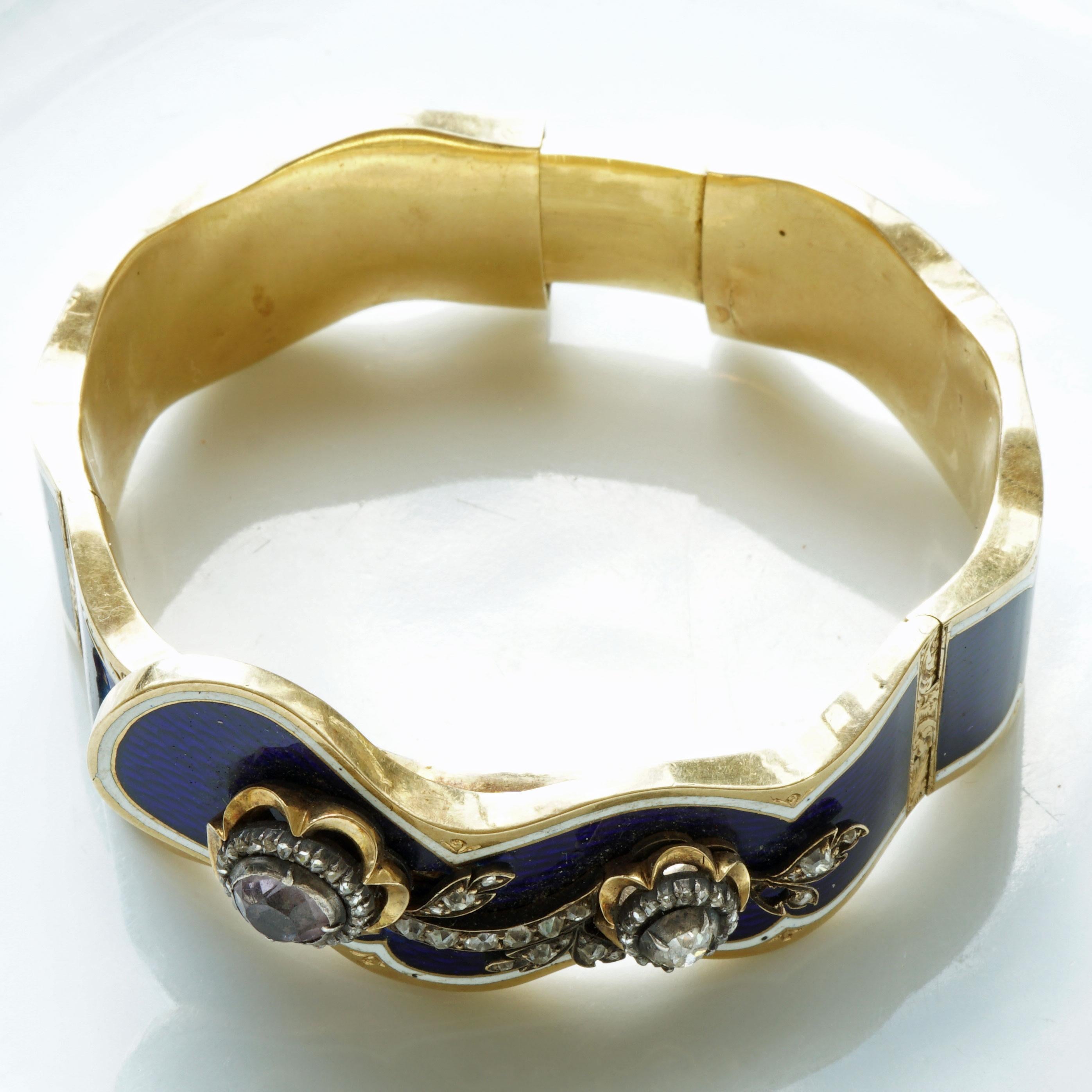 Rose Cut Enamel Bangle late 18 Century Sacred Midnight Blue with Yellow Gold and Diamonds For Sale